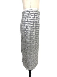 Chanel Spring 2016 Silver Metallic Woven Ribbon Pencil Skirt With Tags FR 40