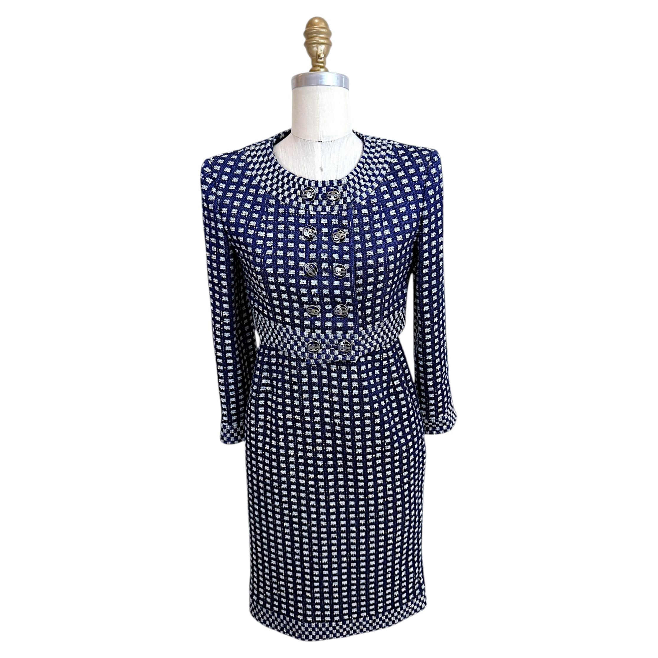 Chanel Spring 2017 Navy Fantasy Tweed Jacket and Dress Suit Set FR34 For Sale