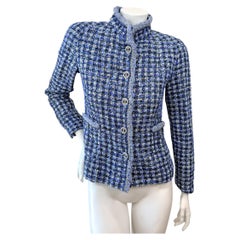 Chanel Spring 2020 Blue Tweed CC Button Jacket Size 34 NWT