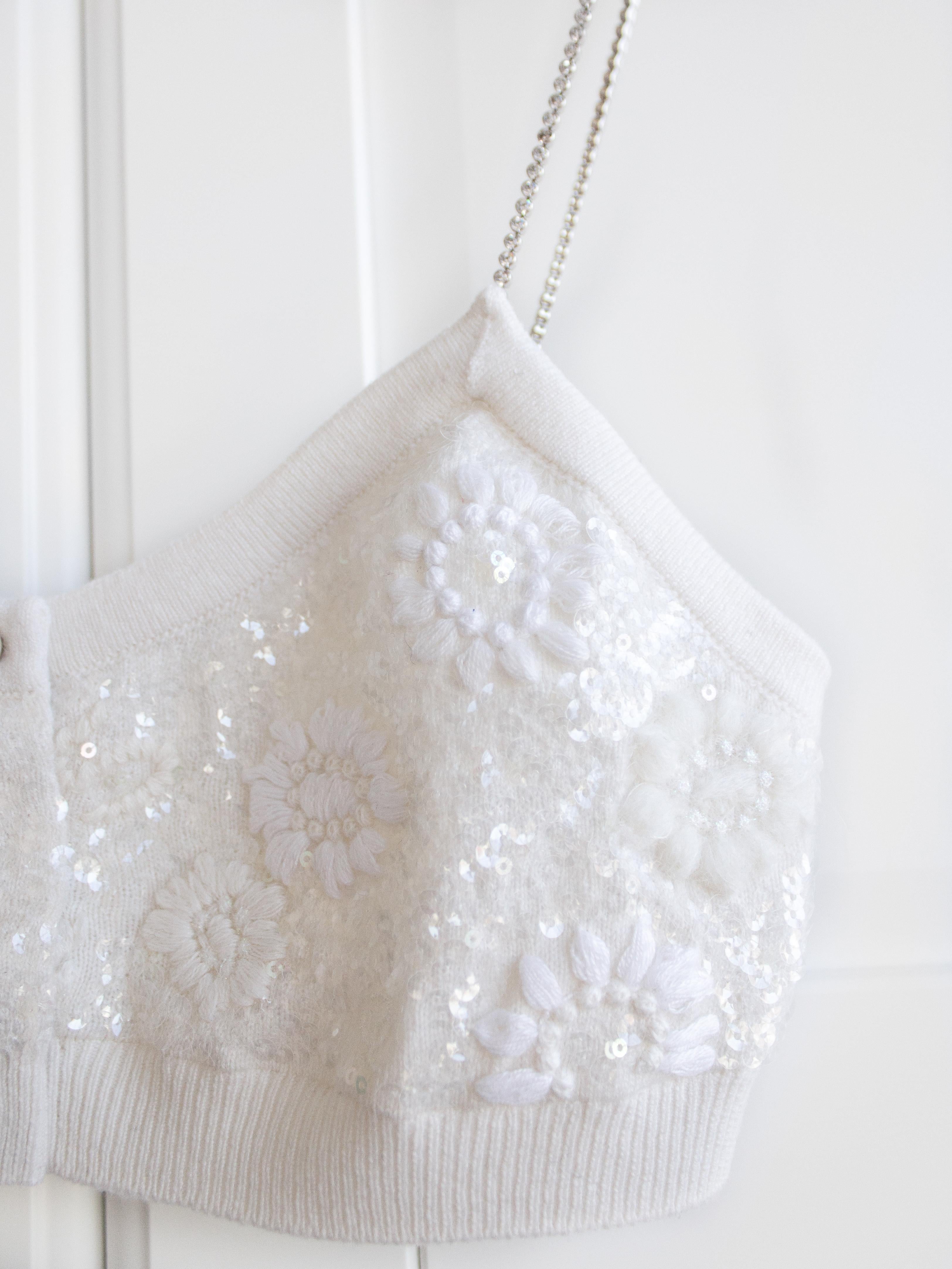 Women's Chanel Spring 2021 White Embellished CC Pearl Cashmere 21P Crop Top