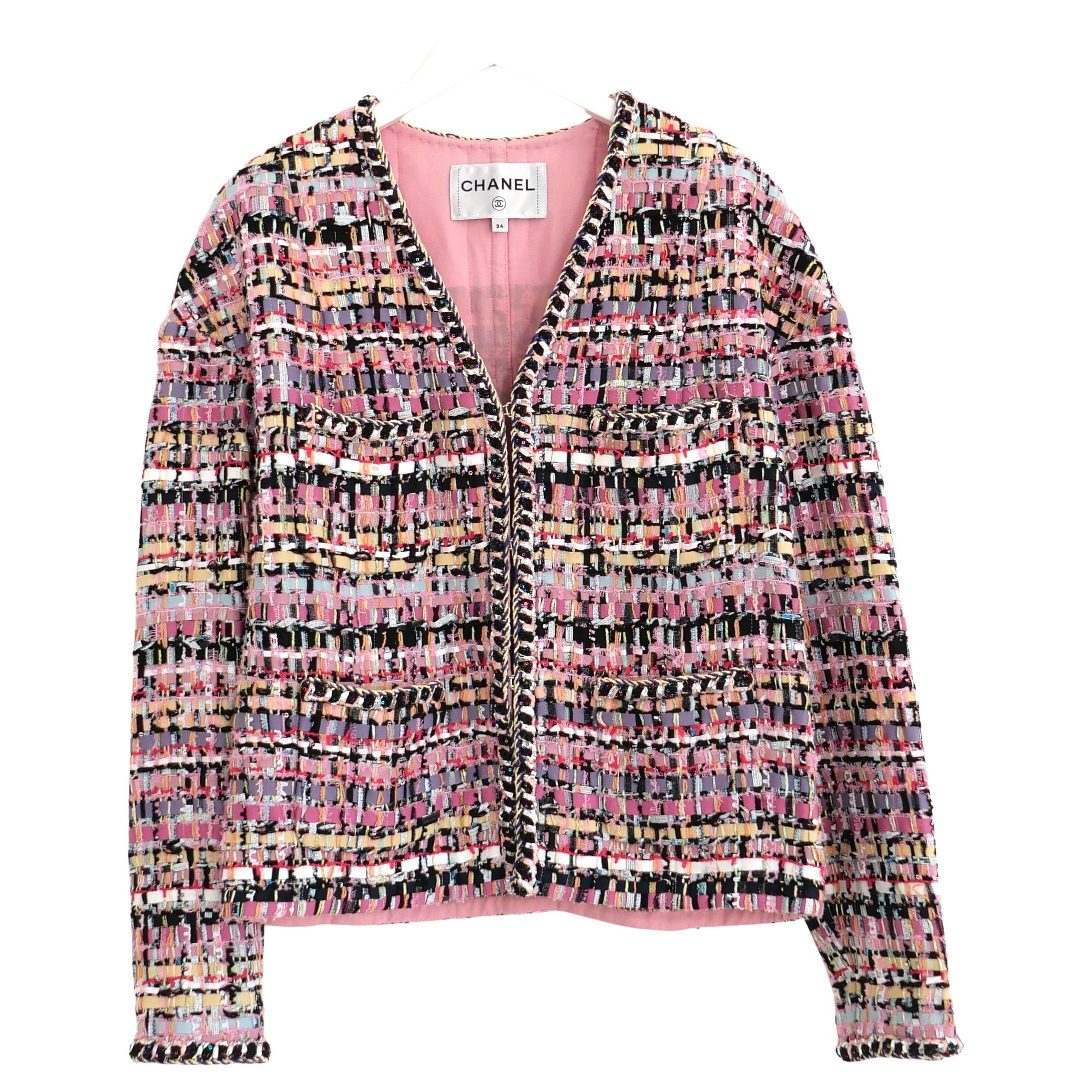 Chanel Spring 2022 Pink Fantasy Rag Tweed Jacket For Sale