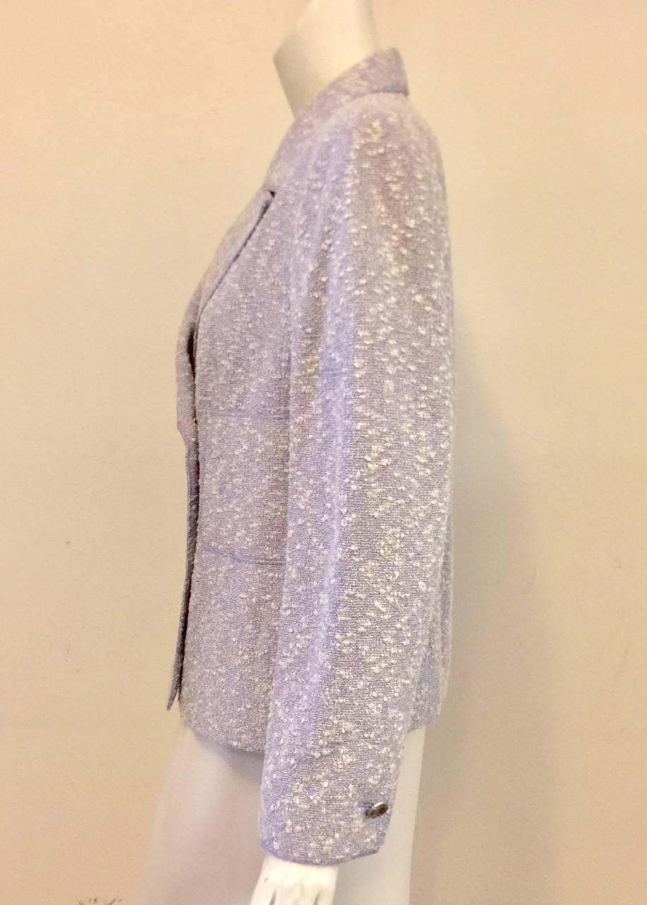 Chanel Spring Cotton/Wool Tweed Blend Pale Lavender Double Breasted Jacket  In Excellent Condition In Palm Beach, FL
