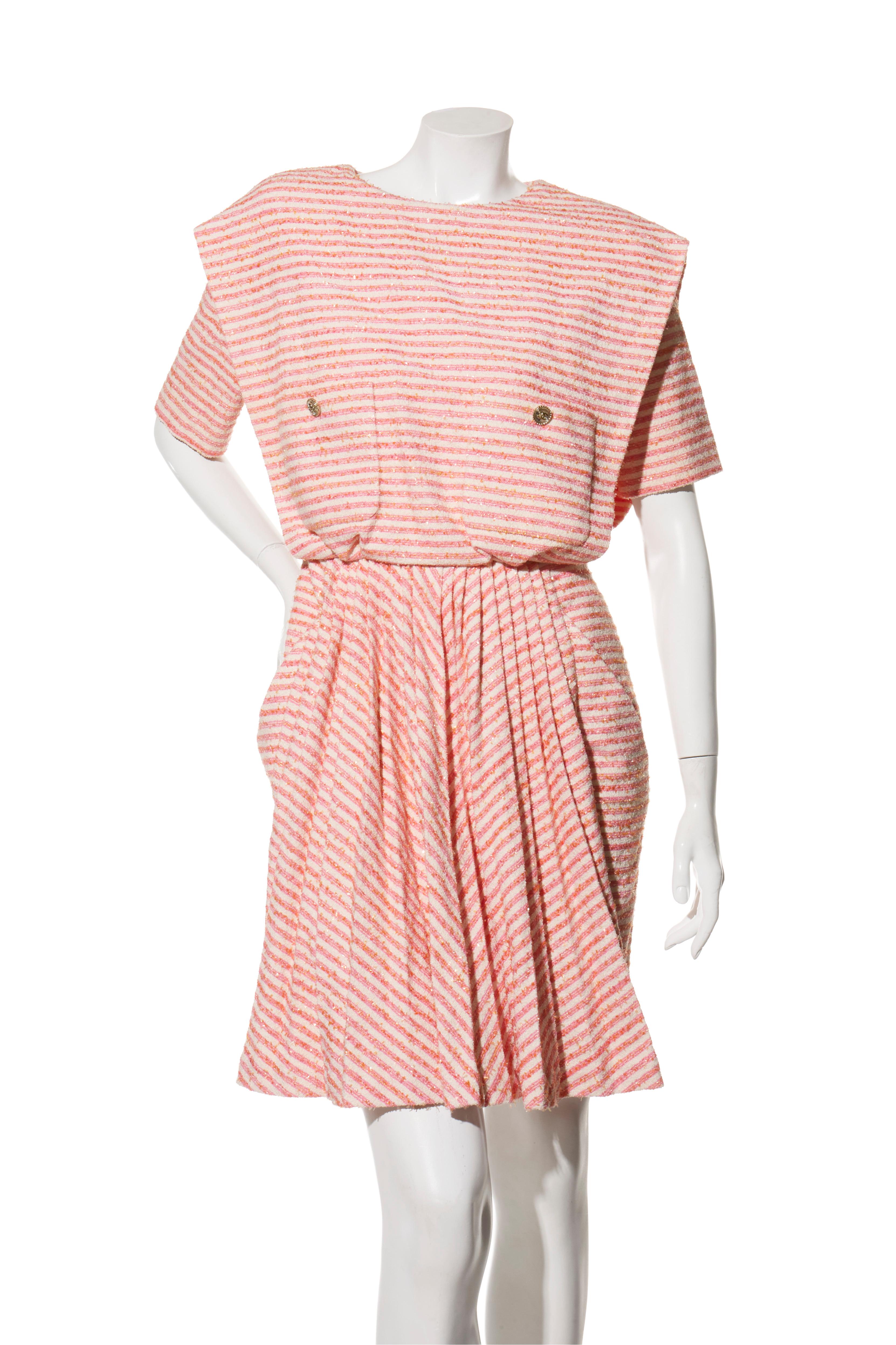 Chanel Spring/Summer 2015 Pink & White Striped Bouclé Dress FR 34 In Excellent Condition For Sale In Woodland Hills, CA
