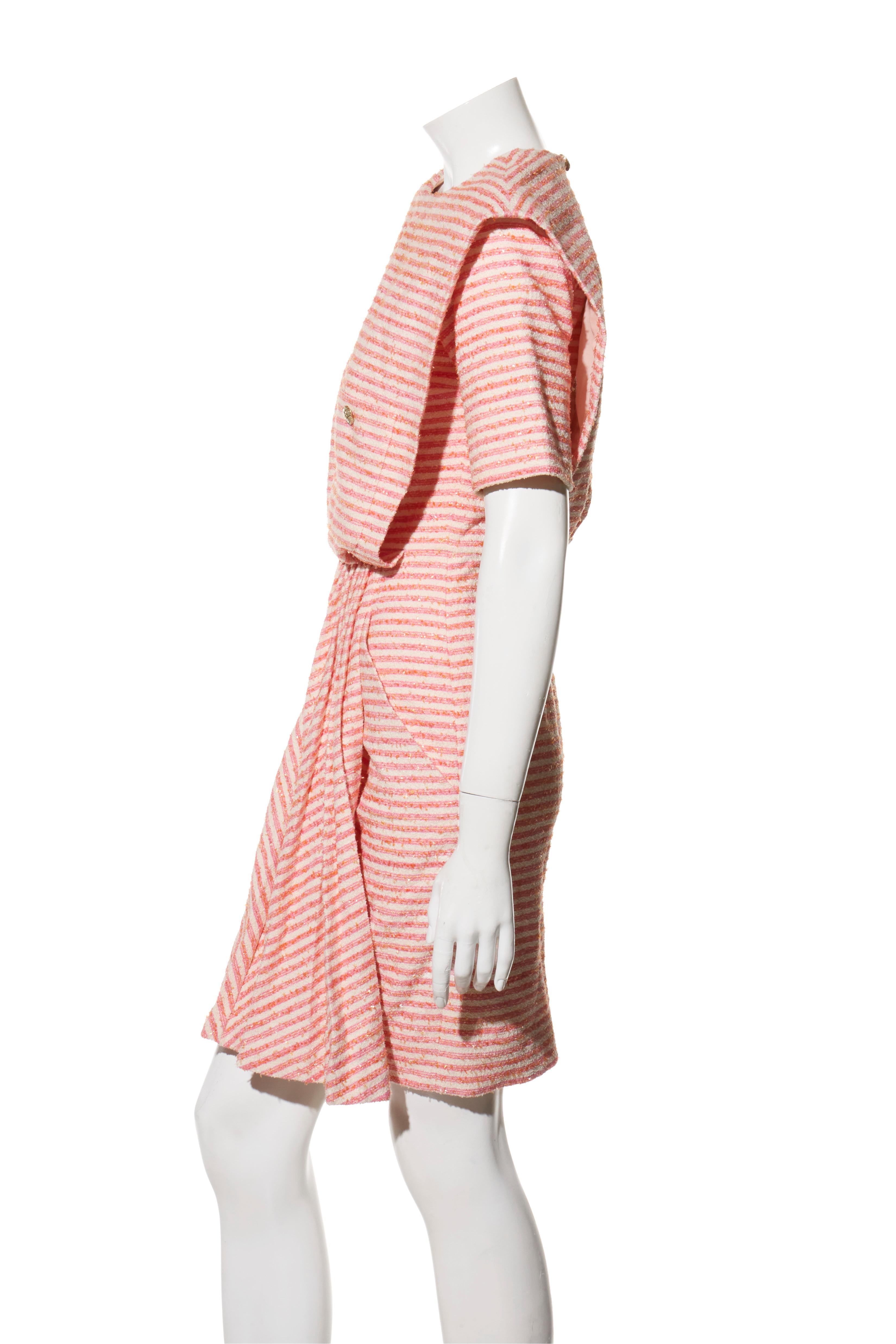 Women's Chanel Spring/Summer 2015 Pink & White Striped Bouclé Dress FR 34 For Sale