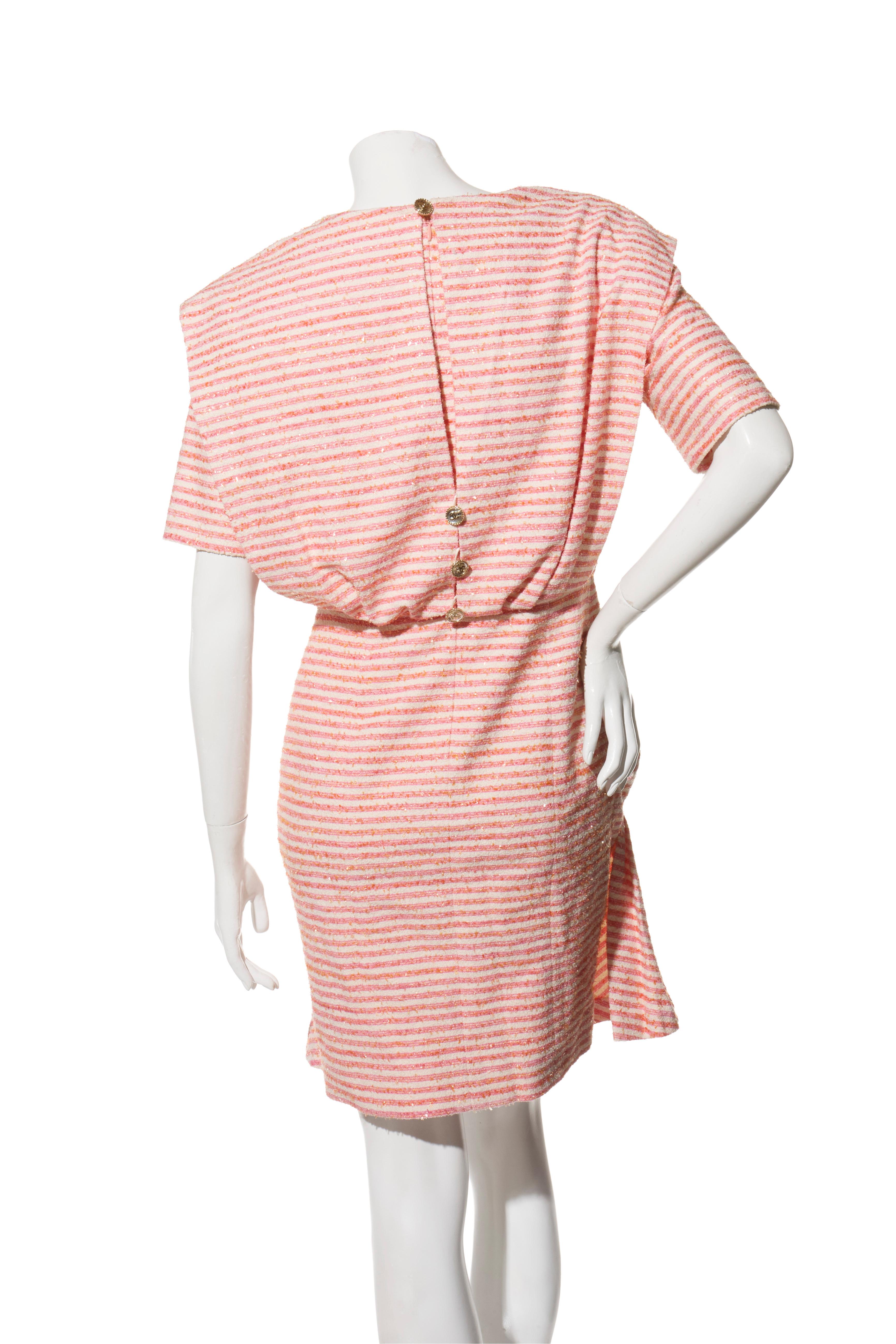 Chanel Spring/Summer 2015 Pink & White Striped Bouclé Dress FR 34 For Sale 1