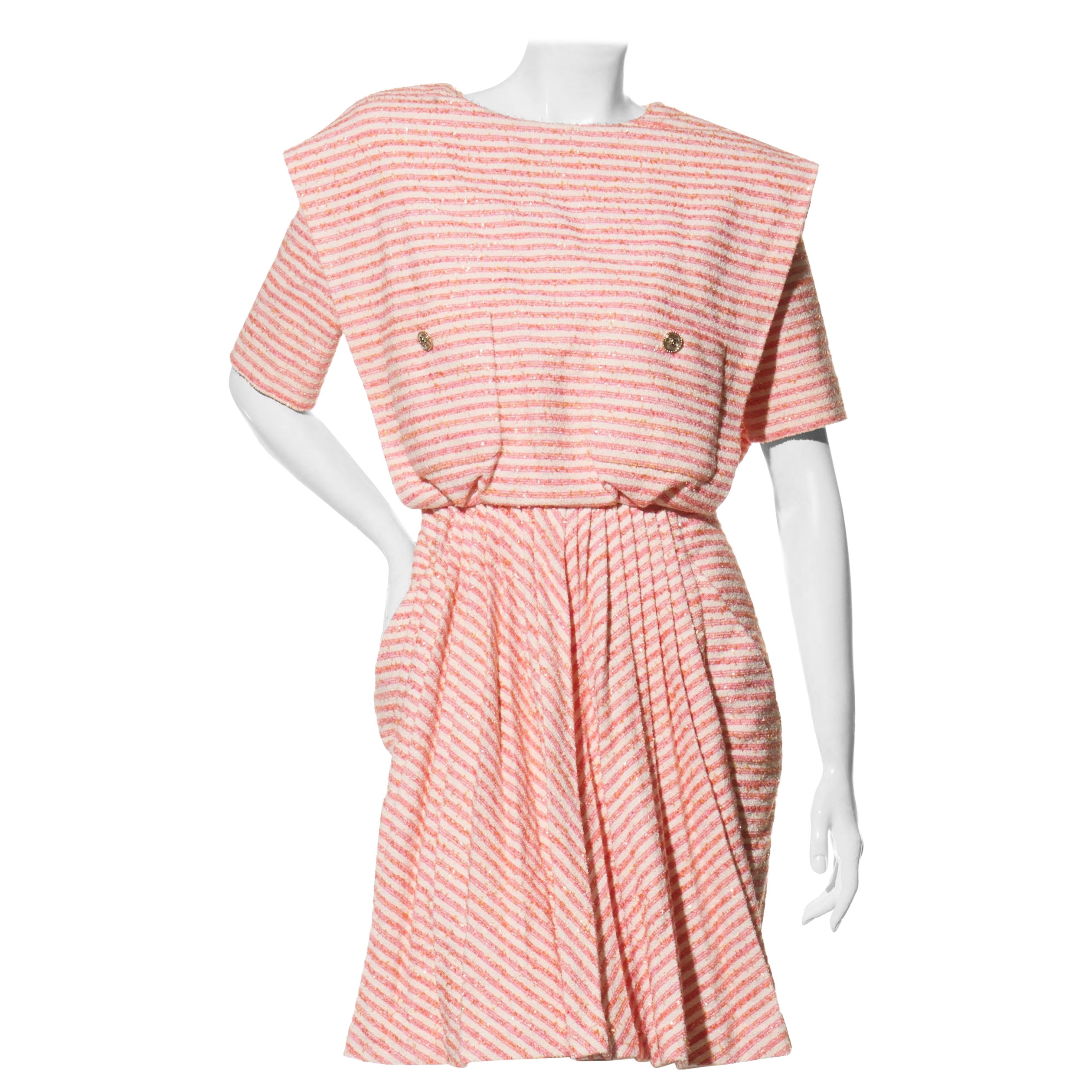Chanel Spring/Summer 2015 Pink & White Striped Bouclé Dress FR 34 For Sale