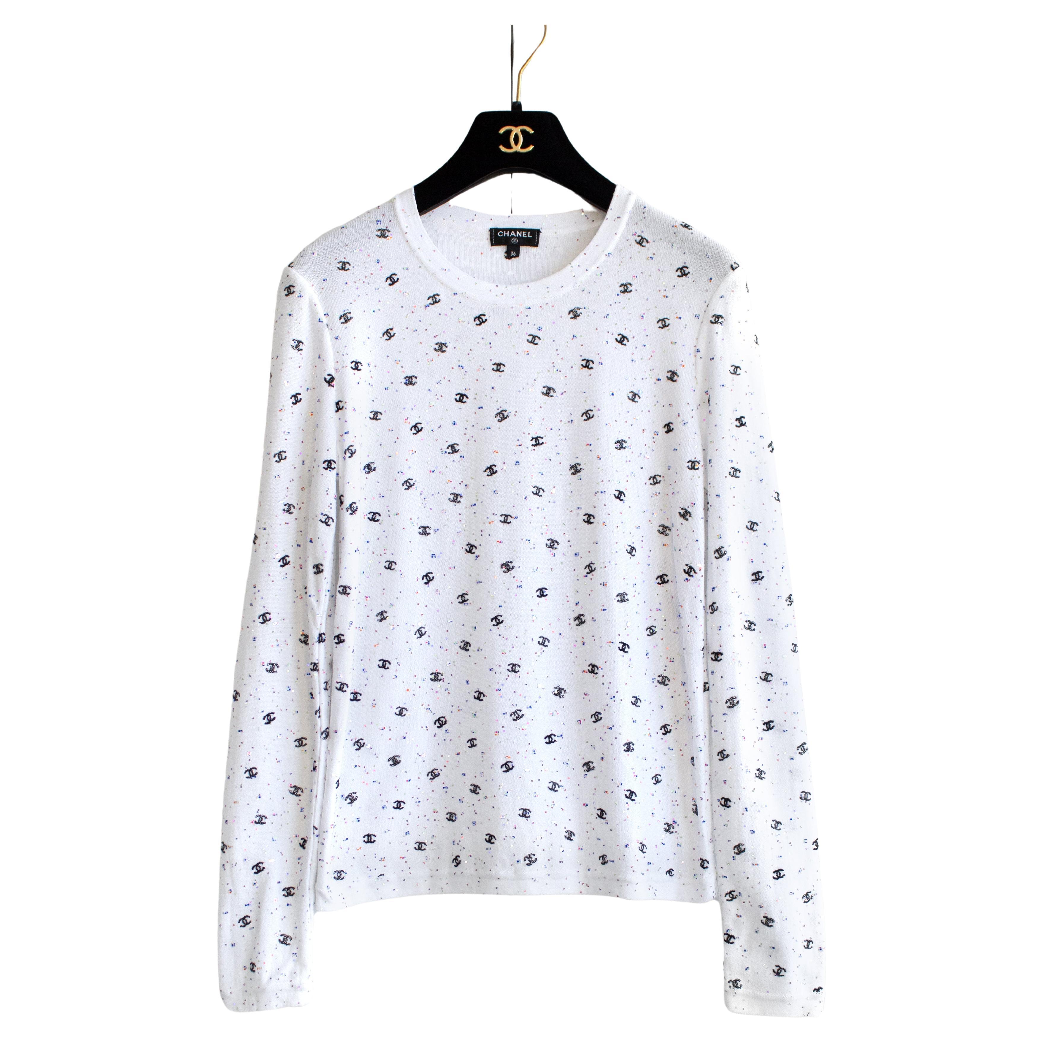 Chanel Spring/Summer 2020 White CC Logo Sequin Embroidered 20s Long Sleeve Top