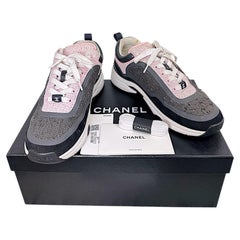Chanel Spring Summer 2021 Grey Pink Tweed Interlocking CC Sneakers 37.5