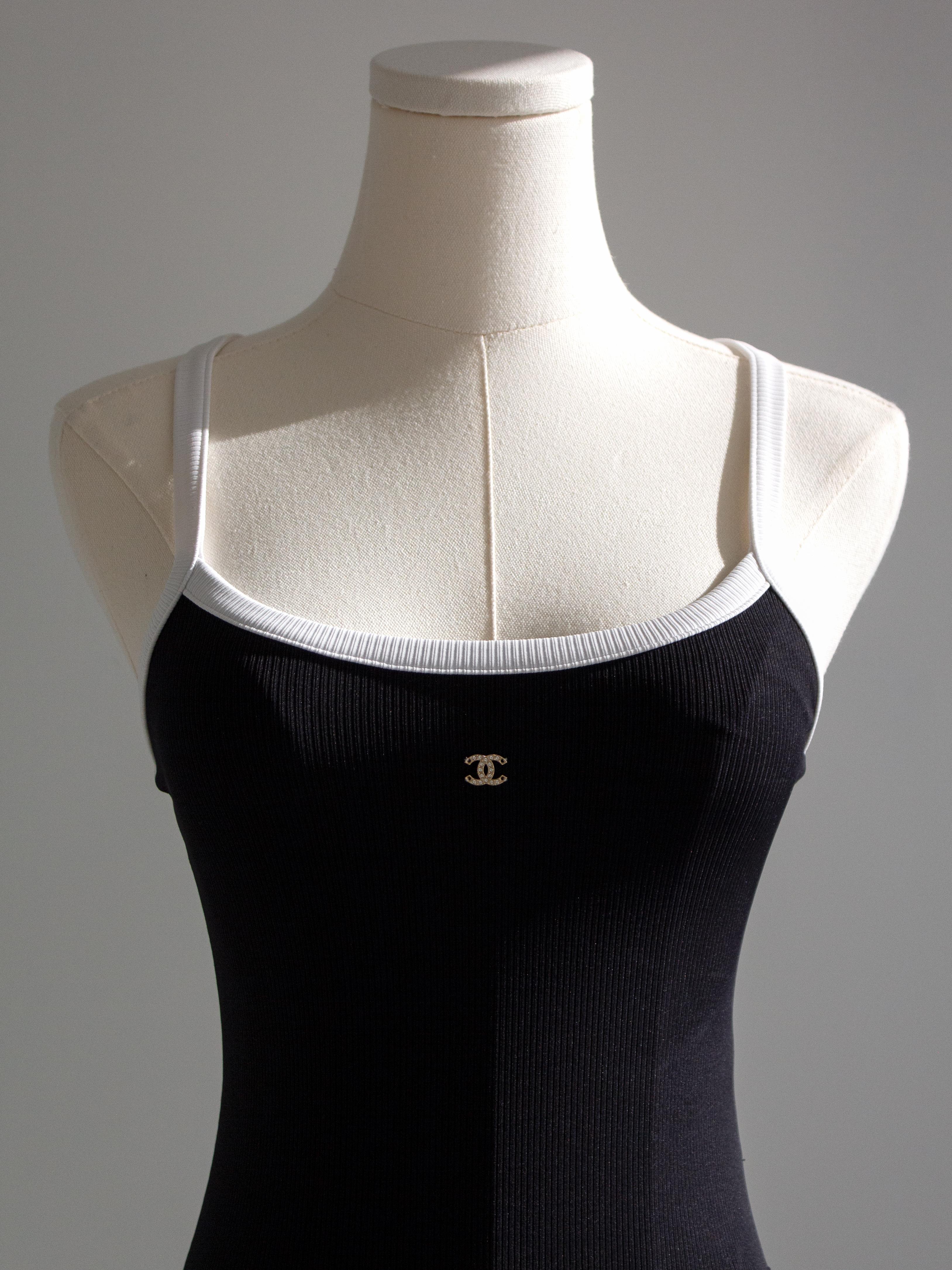 Chanel Spring/Summer 2022 Black White Ribbed Crystal CC 22S Bodysuit Swimsuit 6