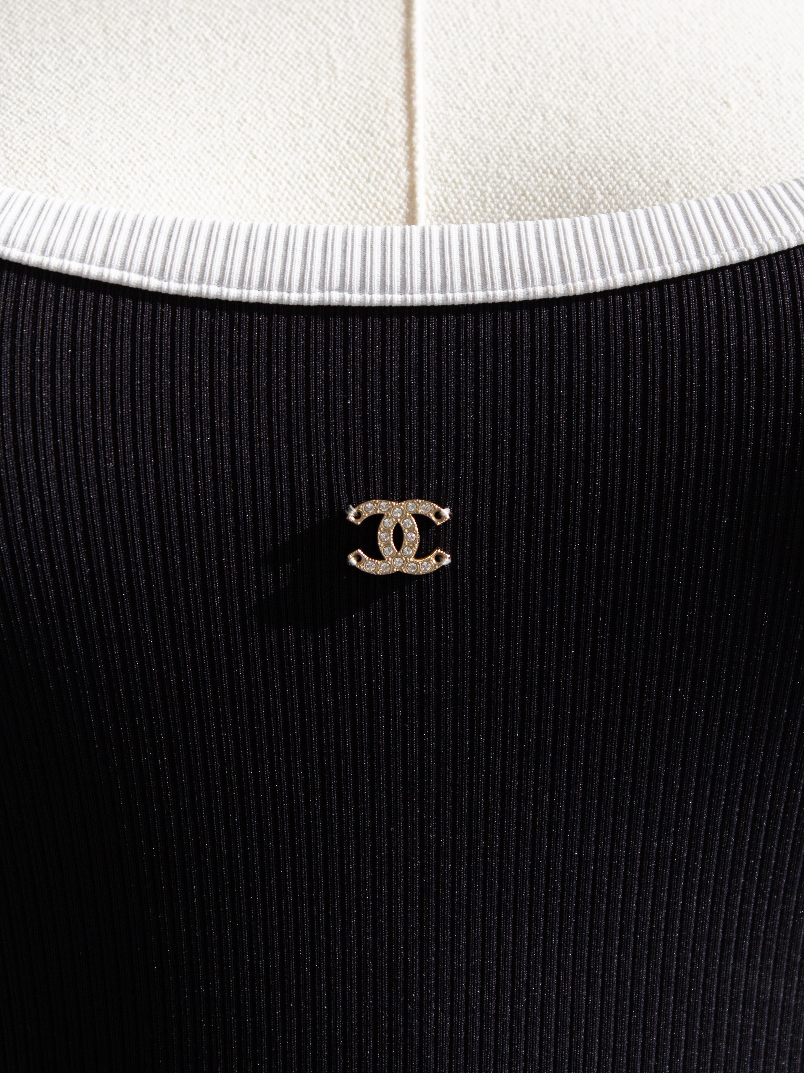 Chanel Spring/Summer 2022 Black White Ribbed Crystal CC 22S Bodysuit Swimsuit 8