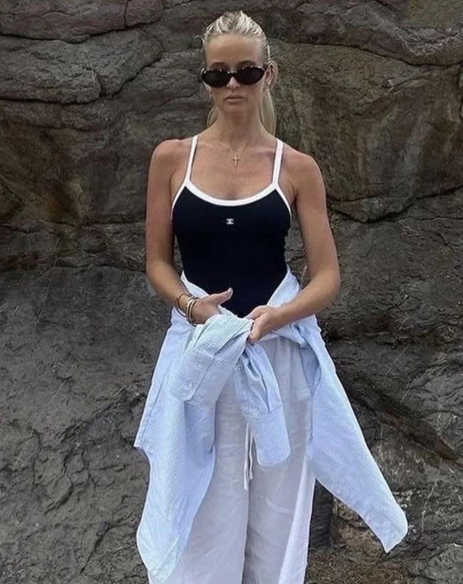 Women's Chanel Spring/Summer 2022 Black White Ribbed Crystal CC 22S Bodysuit Swimsuit