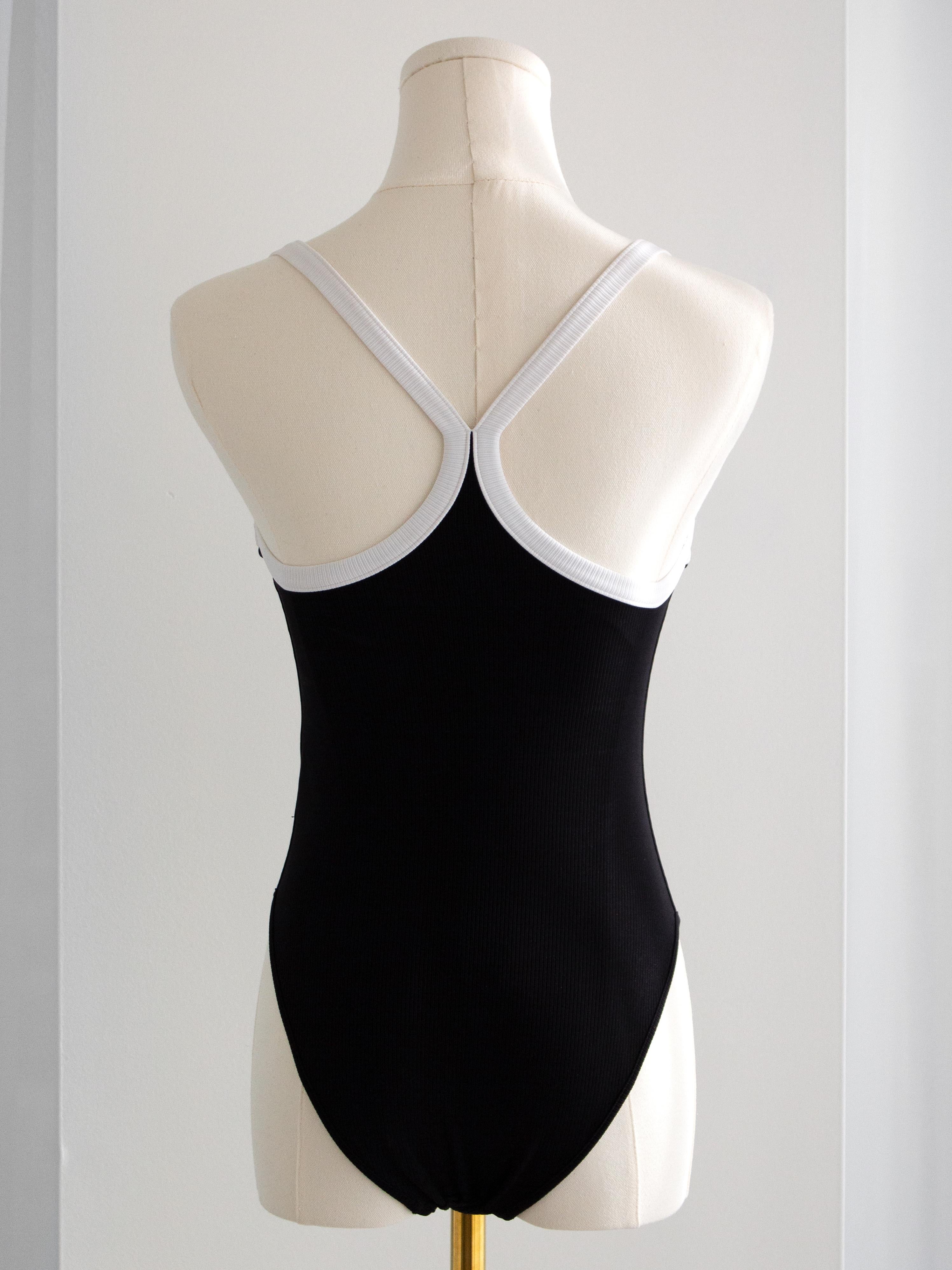 Chanel Spring/Summer 2022 Black White Ribbed Crystal CC 22S Bodysuit Swimsuit 4