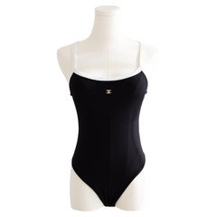Chanel Spring/Summer 2022 Black White Ribbed Crystal CC 22S Bodysuit Swimsuit