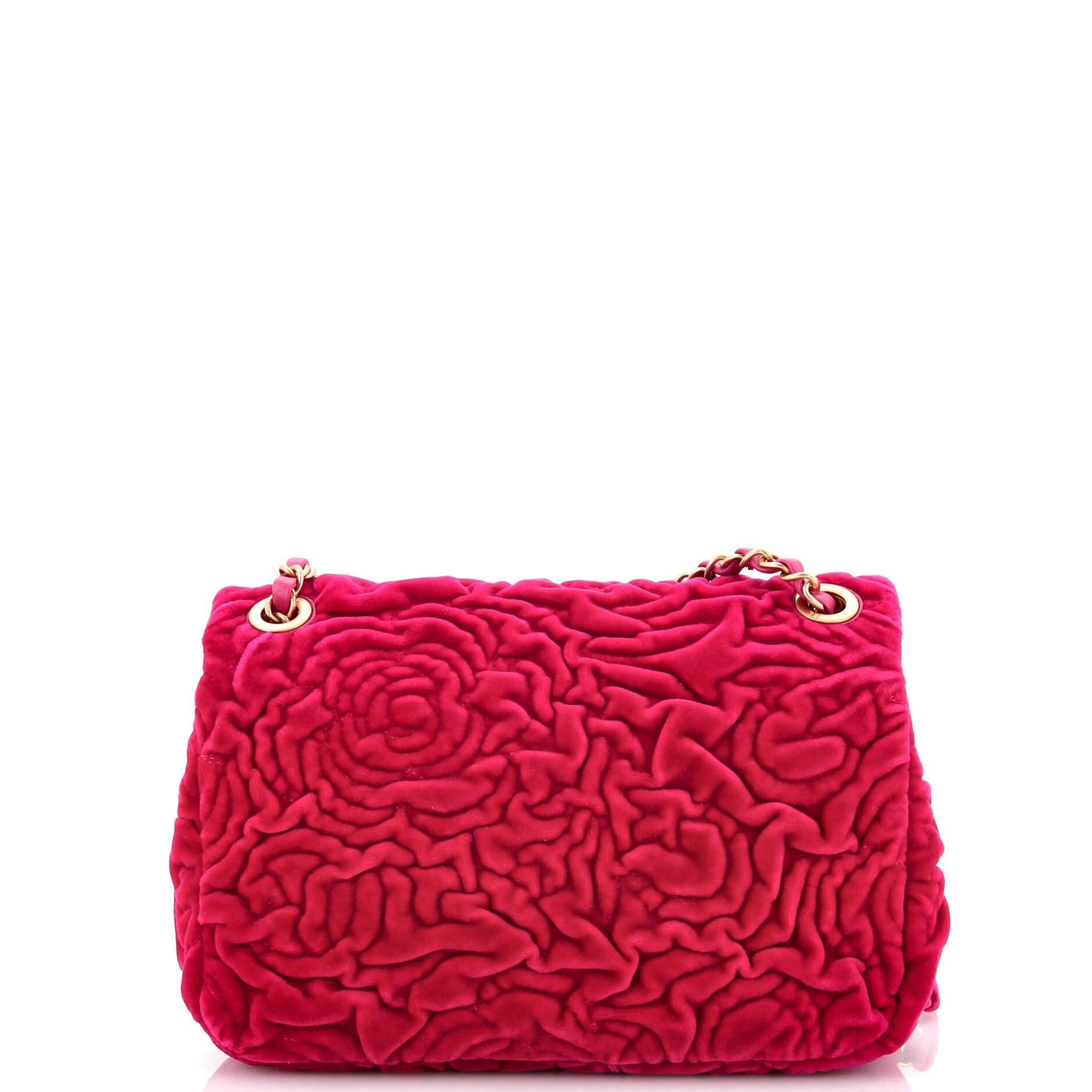 Chanel Square Classic Single Flap Bag Camellia Velvet Mini In Good Condition In NY, NY
