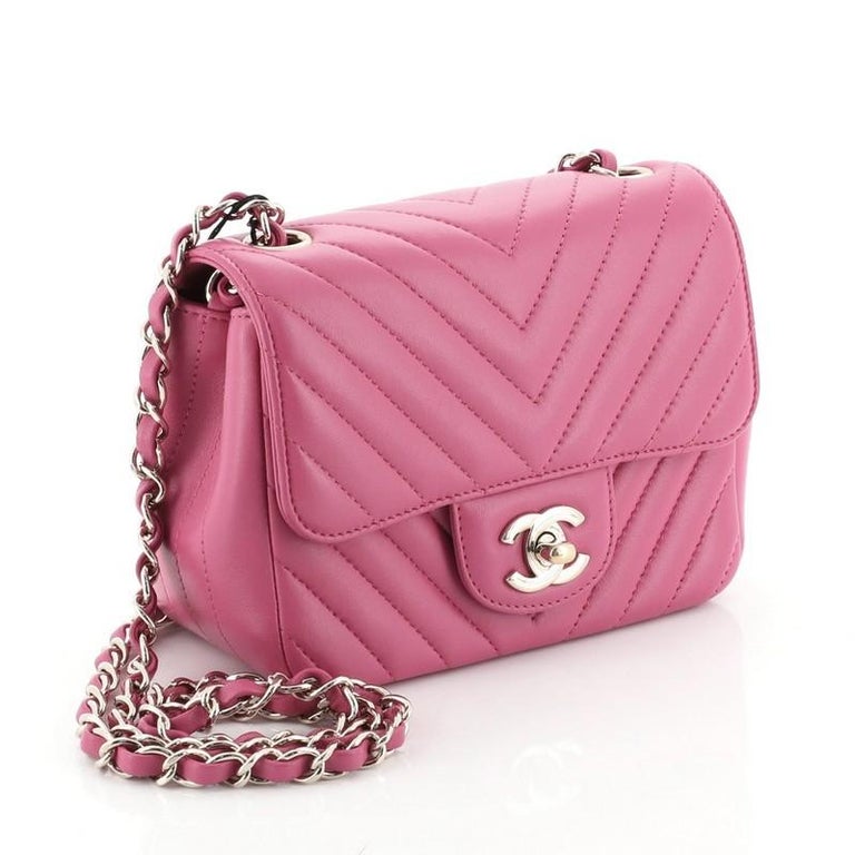 CHANEL Timeless Classic Square Flap Chevron Leather Crossbody Bag Pink