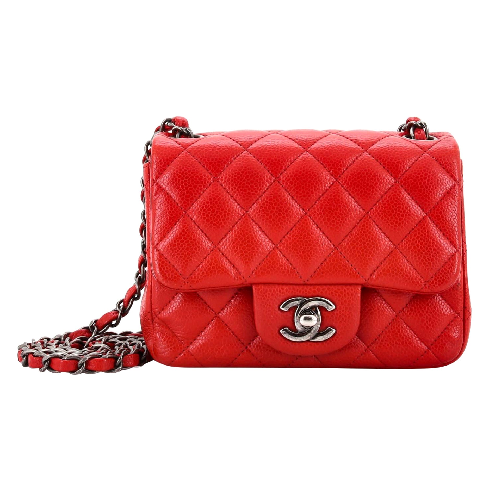 Chanel Square Classic Single Flap Bag Quilted Caviar Mini For Sale