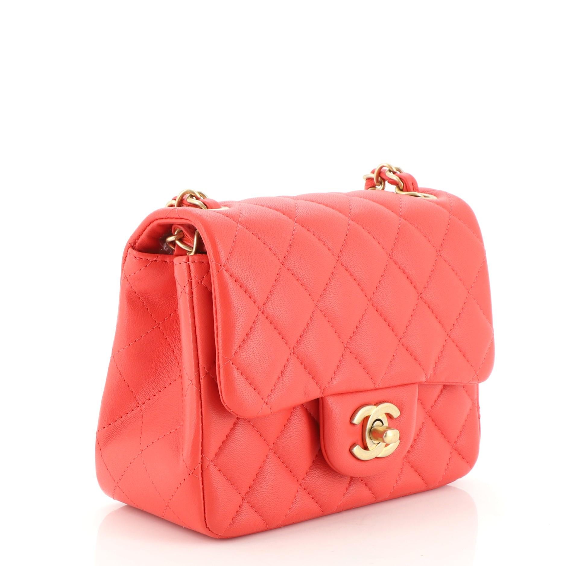 Red Chanel Square Classic Single Flap Bag Quilted Lambskin Mini