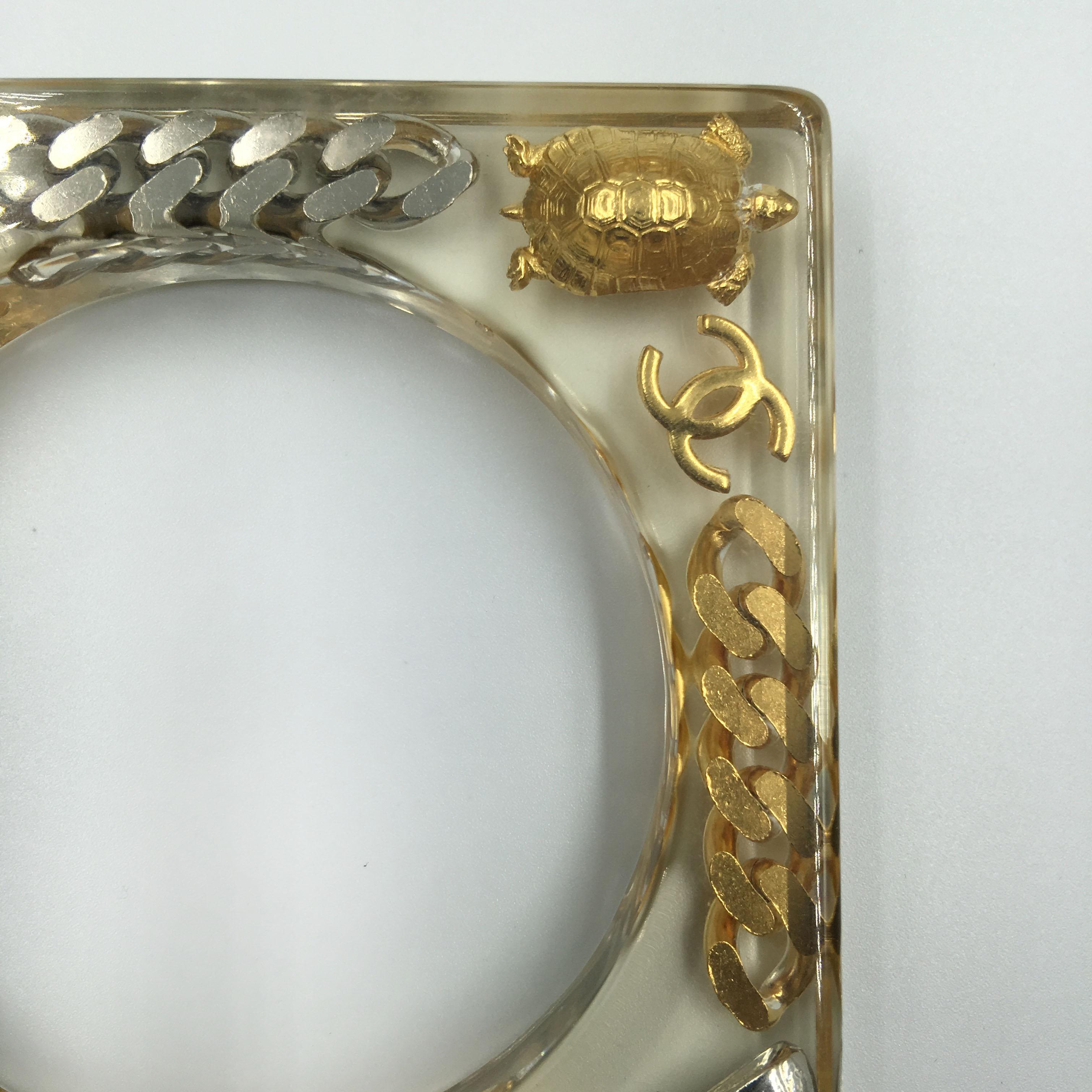 Contemporary Chanel Square Lucite Bangle with Gold and Silver Inlaid Charms