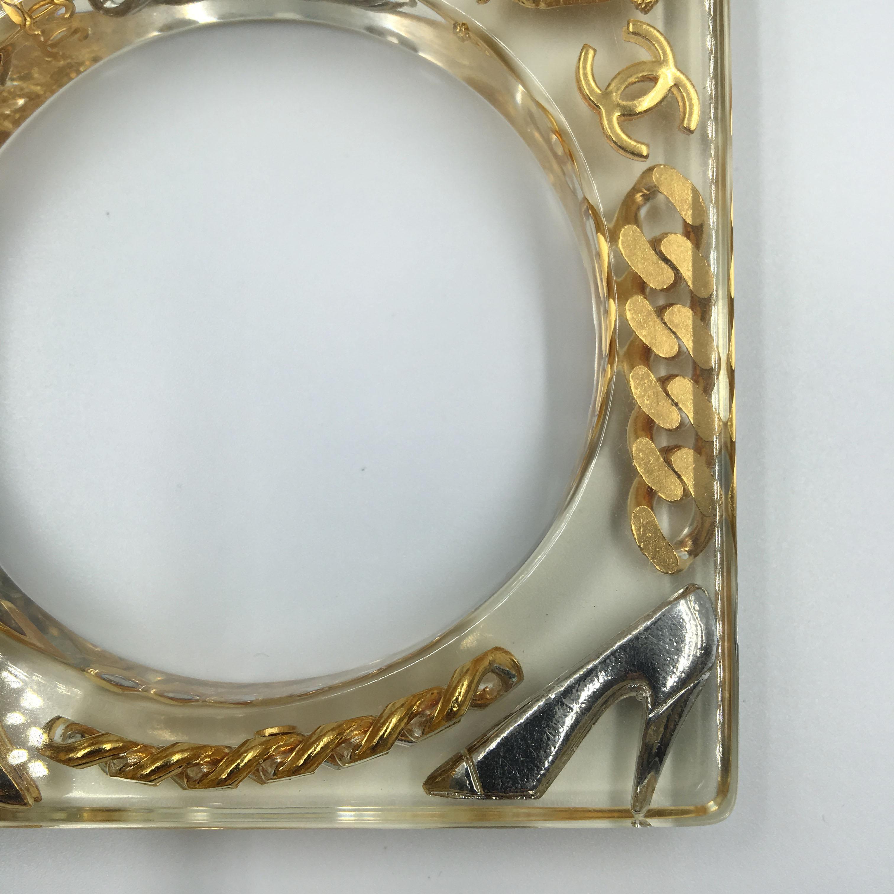 Women's or Men's Chanel Square Lucite Bangle with Gold and Silver Inlaid Charms