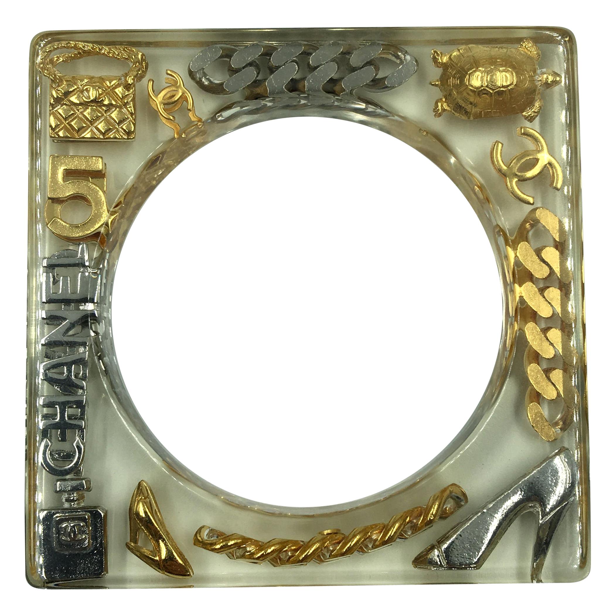 Chanel Square Lucite Bangle with Gold and Silver Inlaid Charms