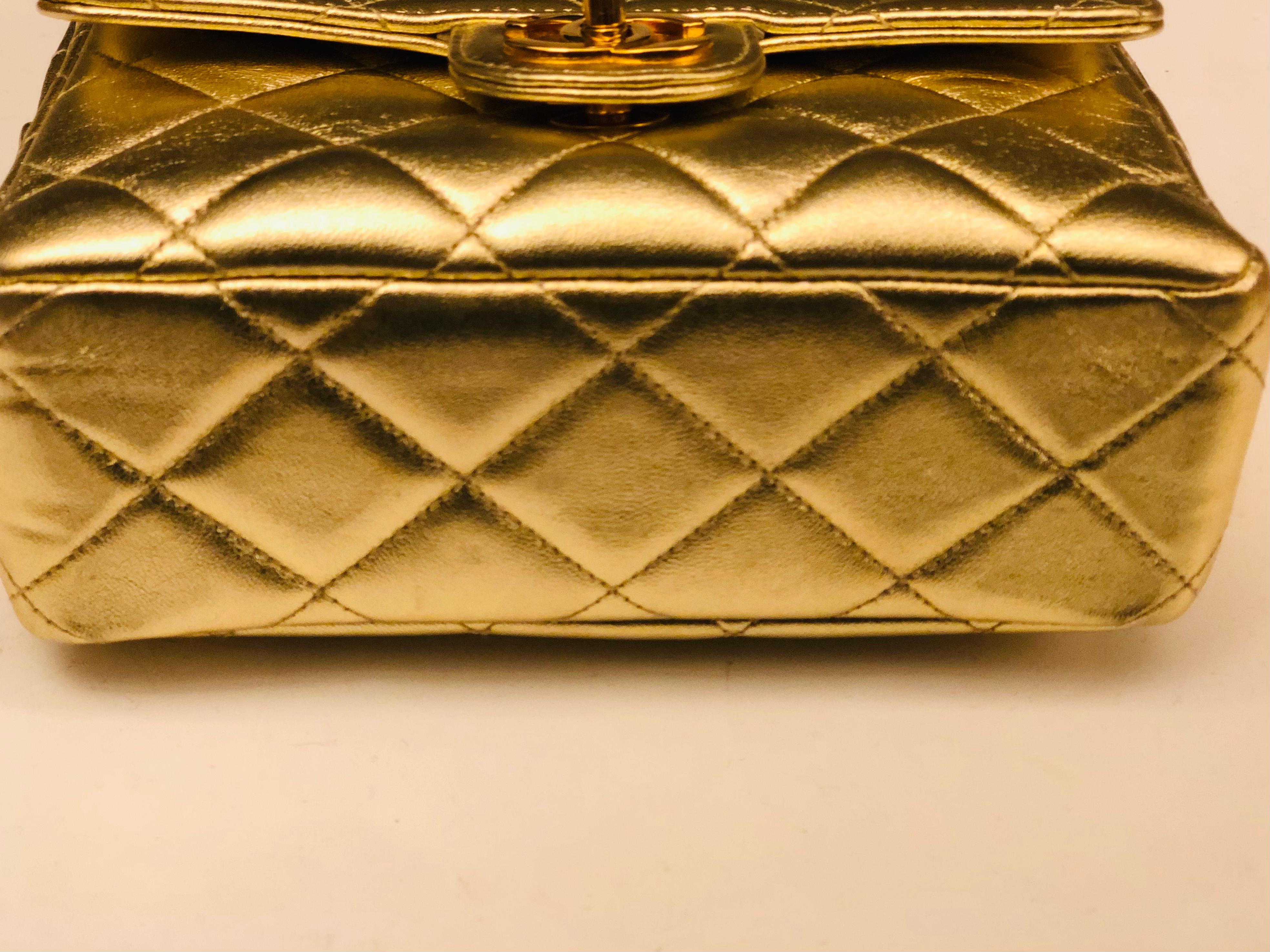Chanel Square Mini Gold Metallic Lambskin Quilted  Flap Handbag   For Sale 3