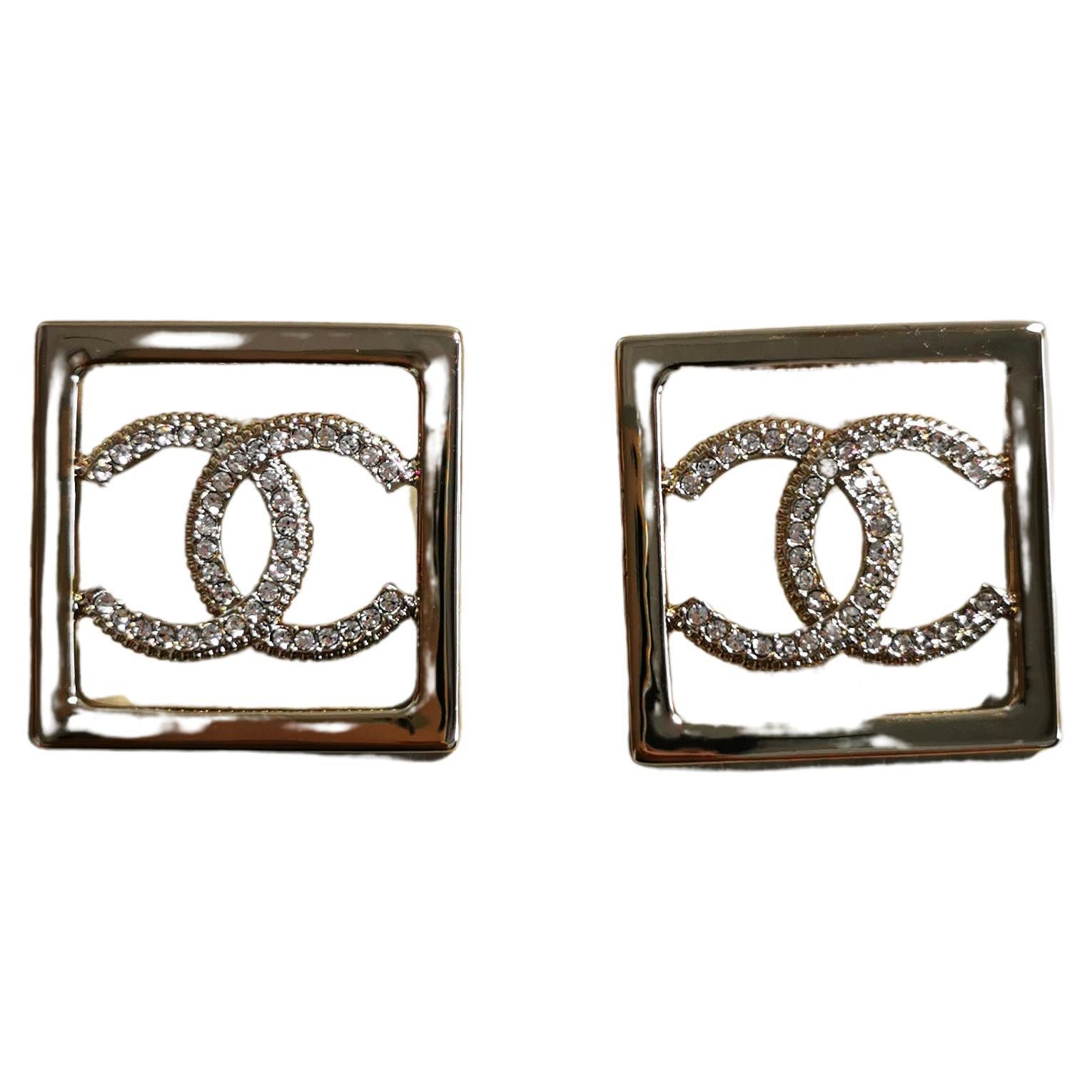 Chanel Square Rhinestone Oversized Earrings Centred with CC
