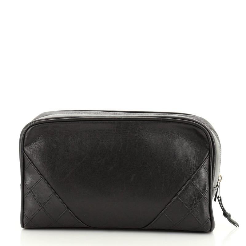 Black Chanel Square Stitch Toiletry Pouch Lambskin Small