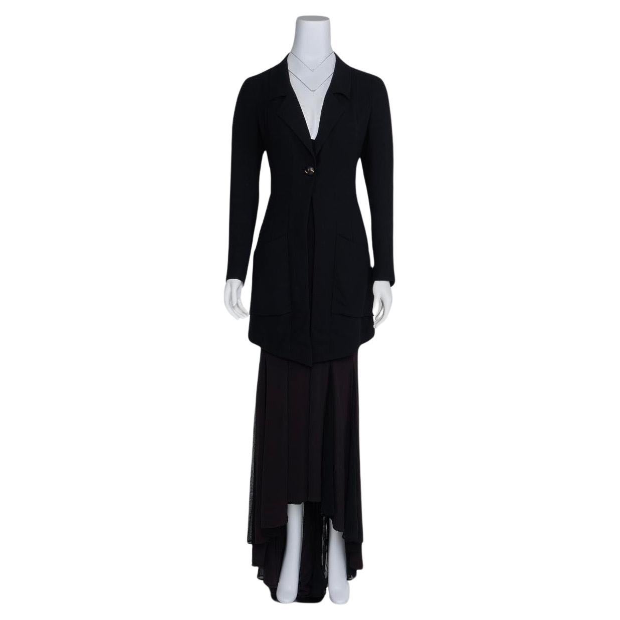 Chanel SS 1993 Alta Costura Vestido negro de corte al bies de punto de seda con abrigo de crepé de lana