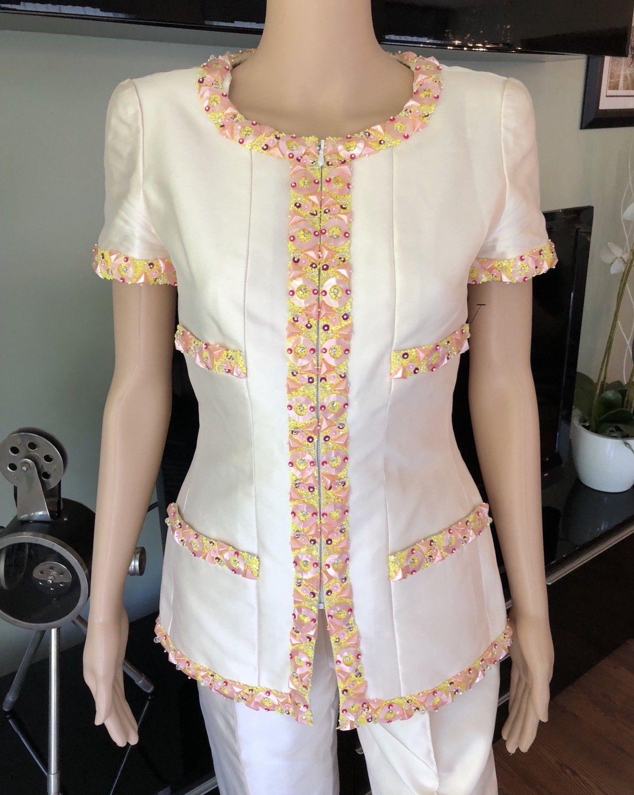 Chanel SS 1996 Vintage Runway Embellished Silk Blazer and Pant Suit 2 Piece Set In Good Condition In Naples, FL