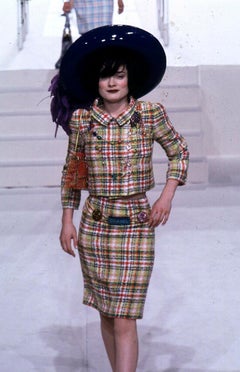 Chanel SS 1997 Karl Lagerfeld Runway Yellow Plaid Tweed Cropped Jacket FR 36