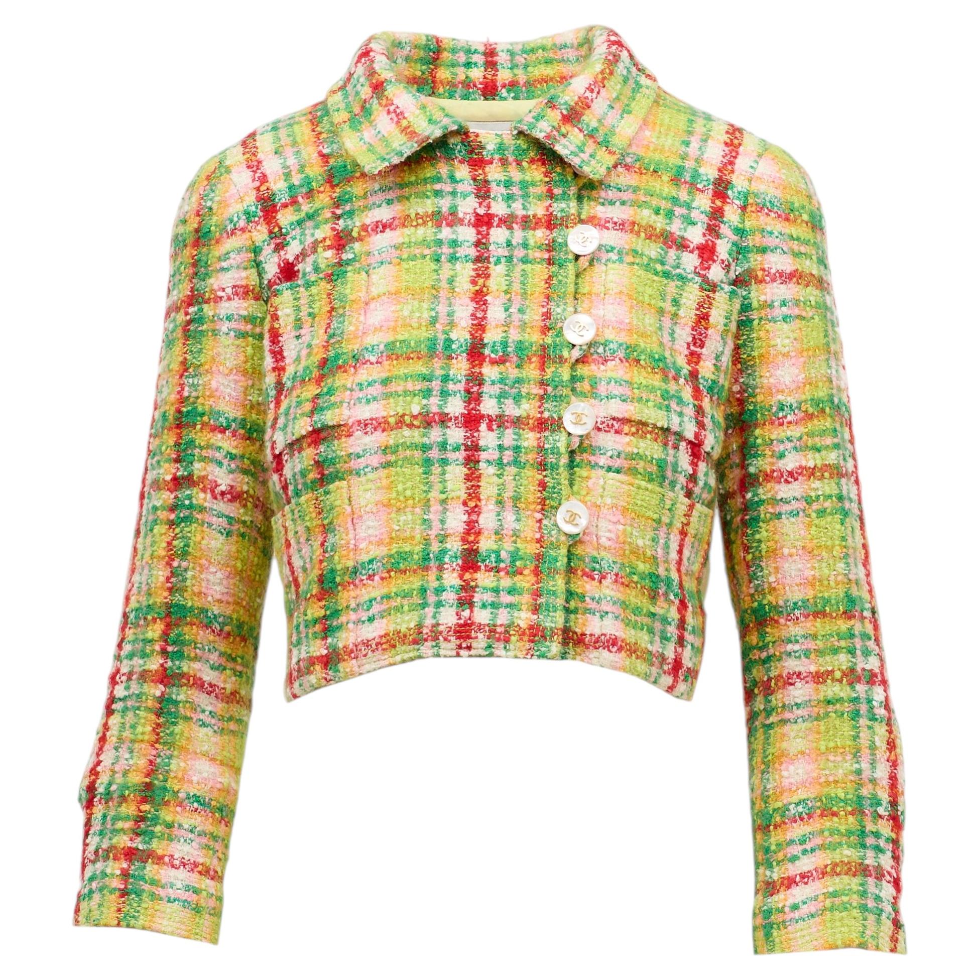 Chanel SS 1997 Karl Lagerfeld Runway Yellow Plaid Tweed Cropped Jacket FR 36 For Sale