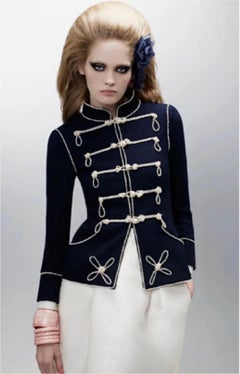Chanel SS 2009 09P Lagerfeld Navy Blue & Pearl Military Majorette Jacket FR 36