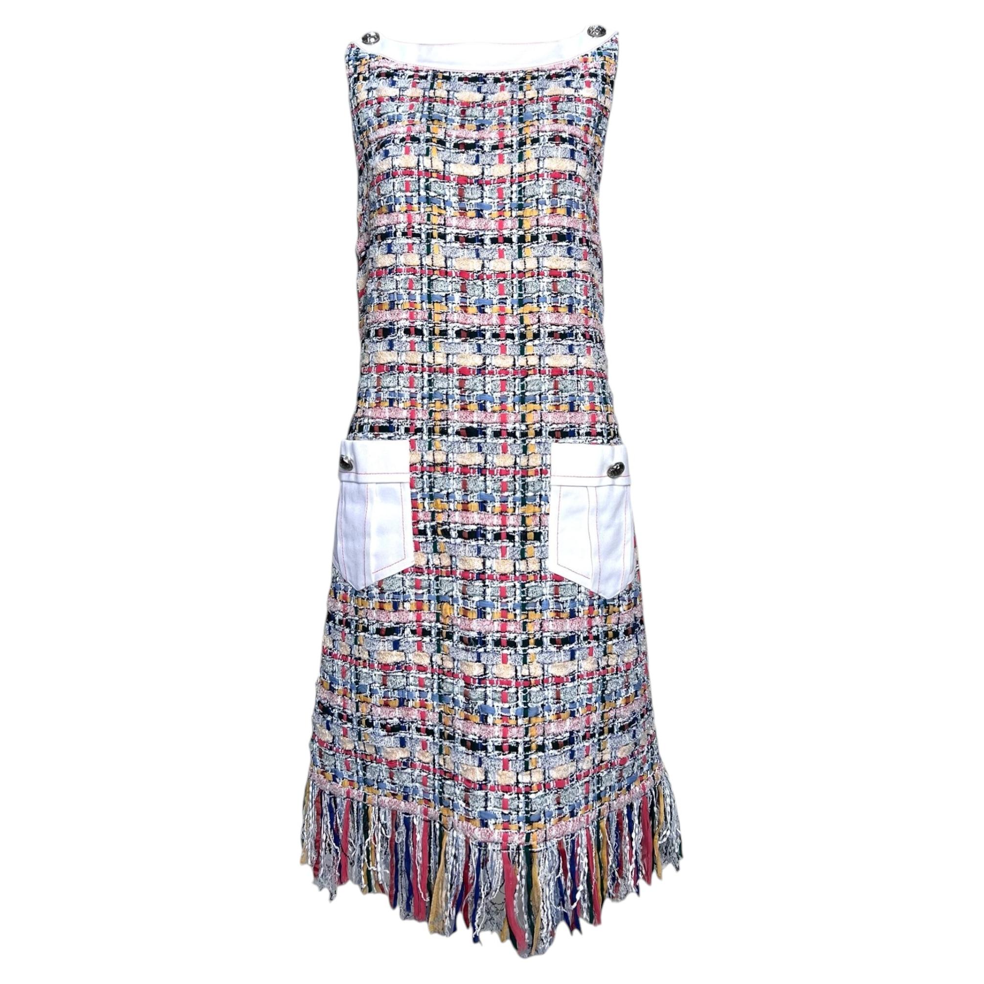 Chanel SS 2015 Pastel Boucle Tweed Shift Dress with Fringe