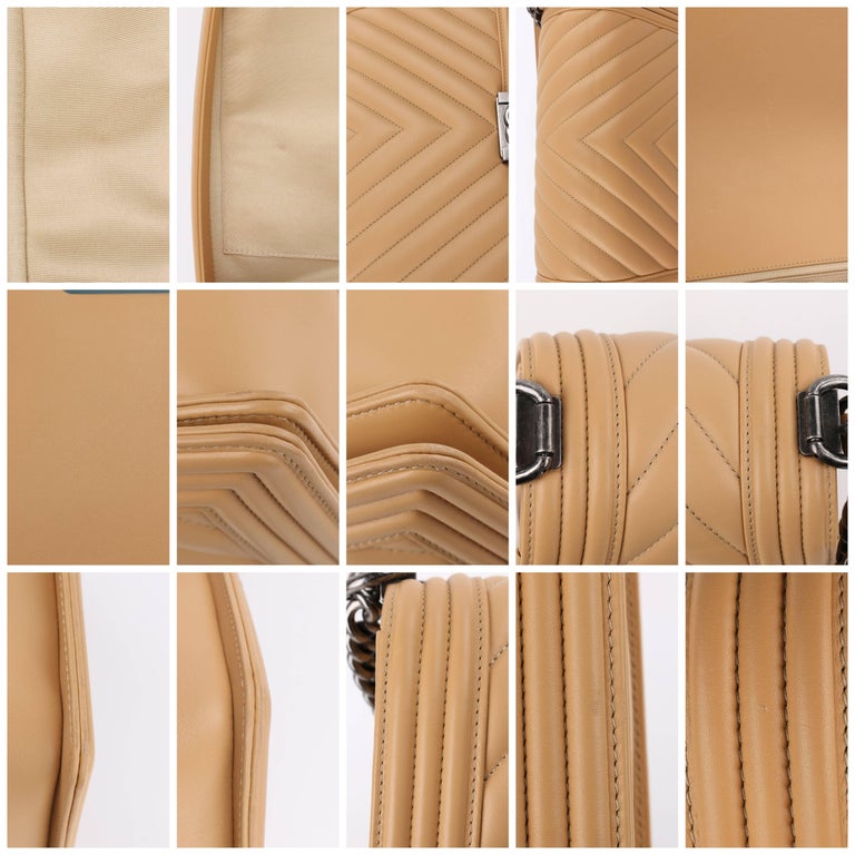 CHANEL S/S 2016 "Chevron Medium Boy" Beige Calfskin Leather Flap Top