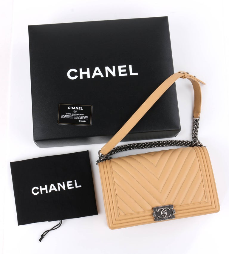 CHANEL S/S 2016 "Chevron Medium Boy" Beige Calfskin Leather Flap Top