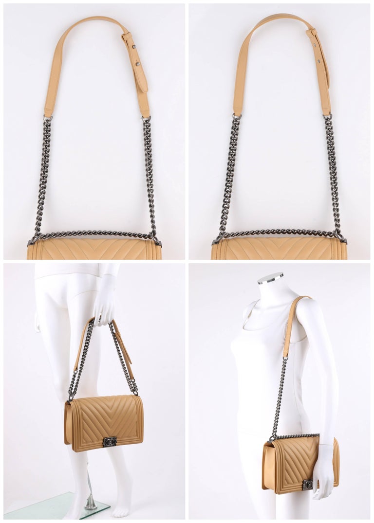 CHANEL S/S 2016 "Chevron Medium Boy" Beige Calfskin Leather Flap Top
