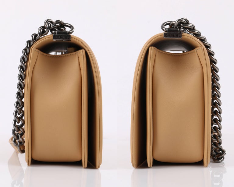 CHANEL S/S 2016 "Chevron Medium Boy" Beige Calfskin Leather Flap Top