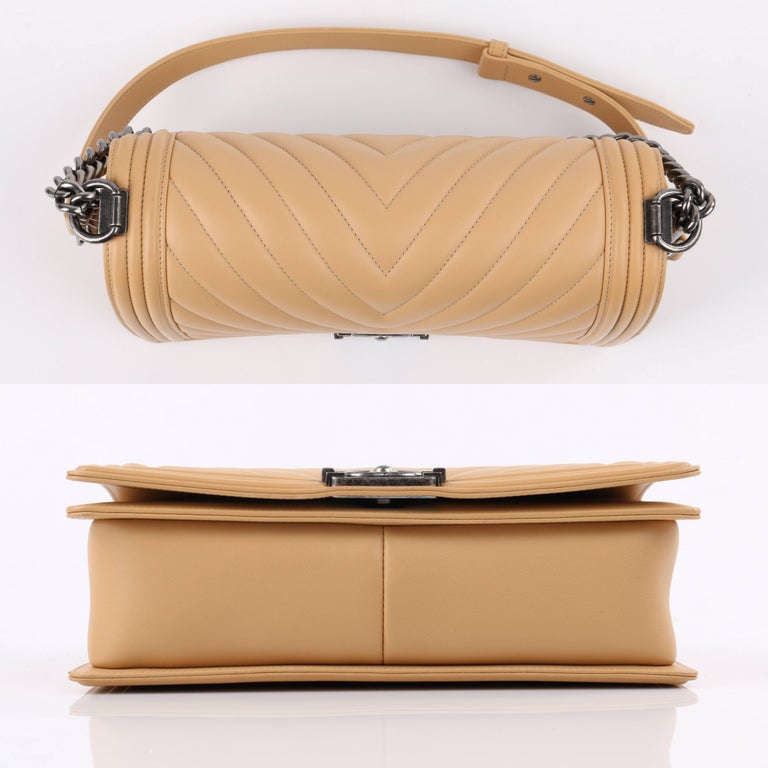 CHANEL S/S 2016 "Chevron Medium Boy" Beige Calfskin Leather Flap Top