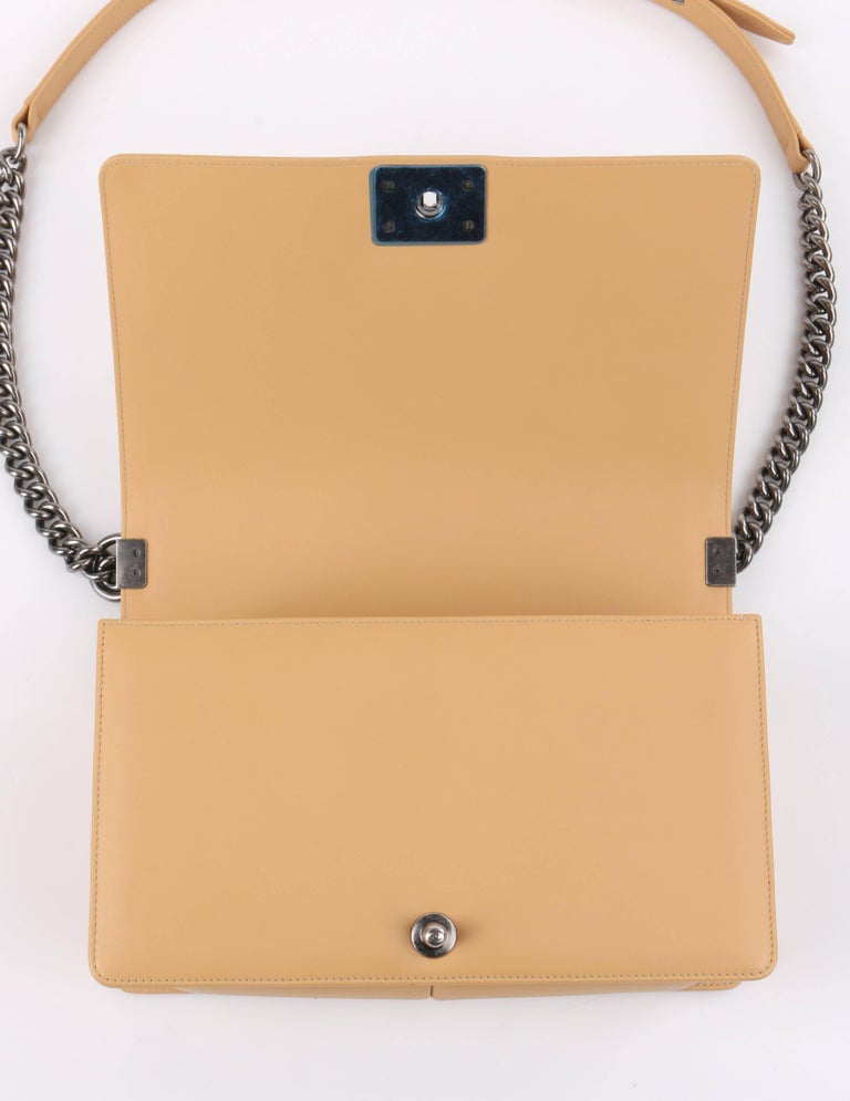 CHANEL S/S 2016 "Chevron Medium Boy" Beige Calfskin Leather Flap Top
