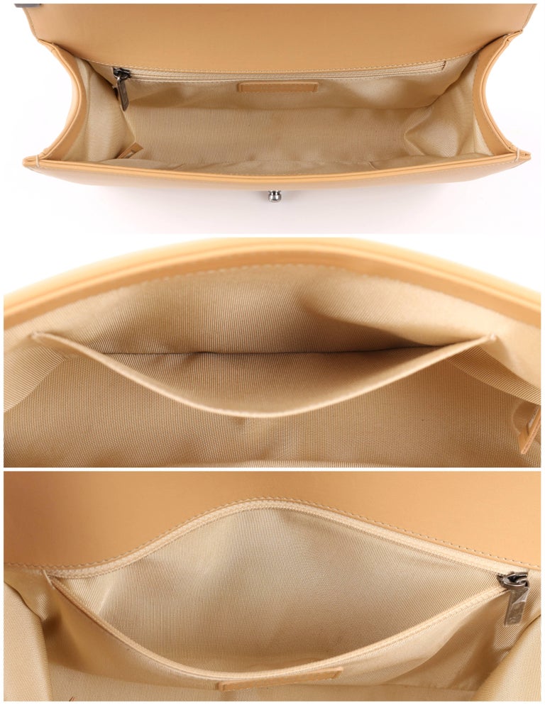 CHANEL S/S 2016 "Chevron Medium Boy" Beige Calfskin Leather Flap Top