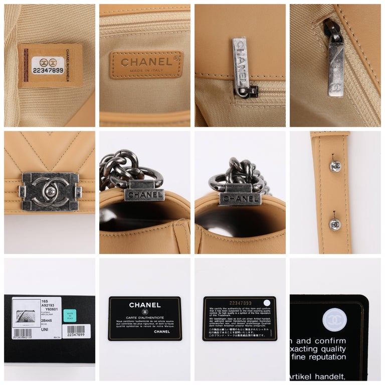 CHANEL S/S 2016 "Chevron Medium Boy" Beige Calfskin Leather Flap Top