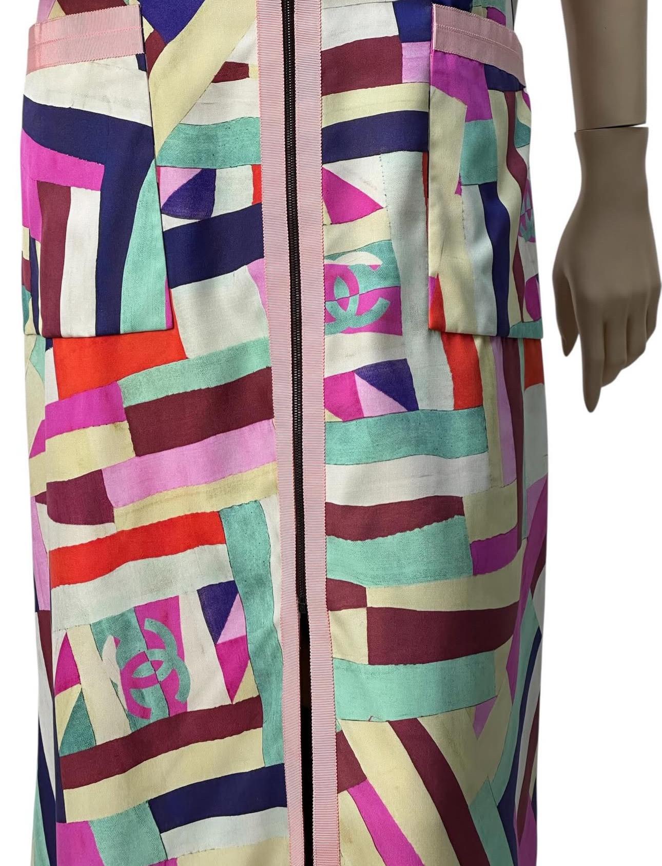 Chanel SS 2016 Robe longue en soie abstraite multicolore Sz.46 Excellent état - En vente à Krakow, PL