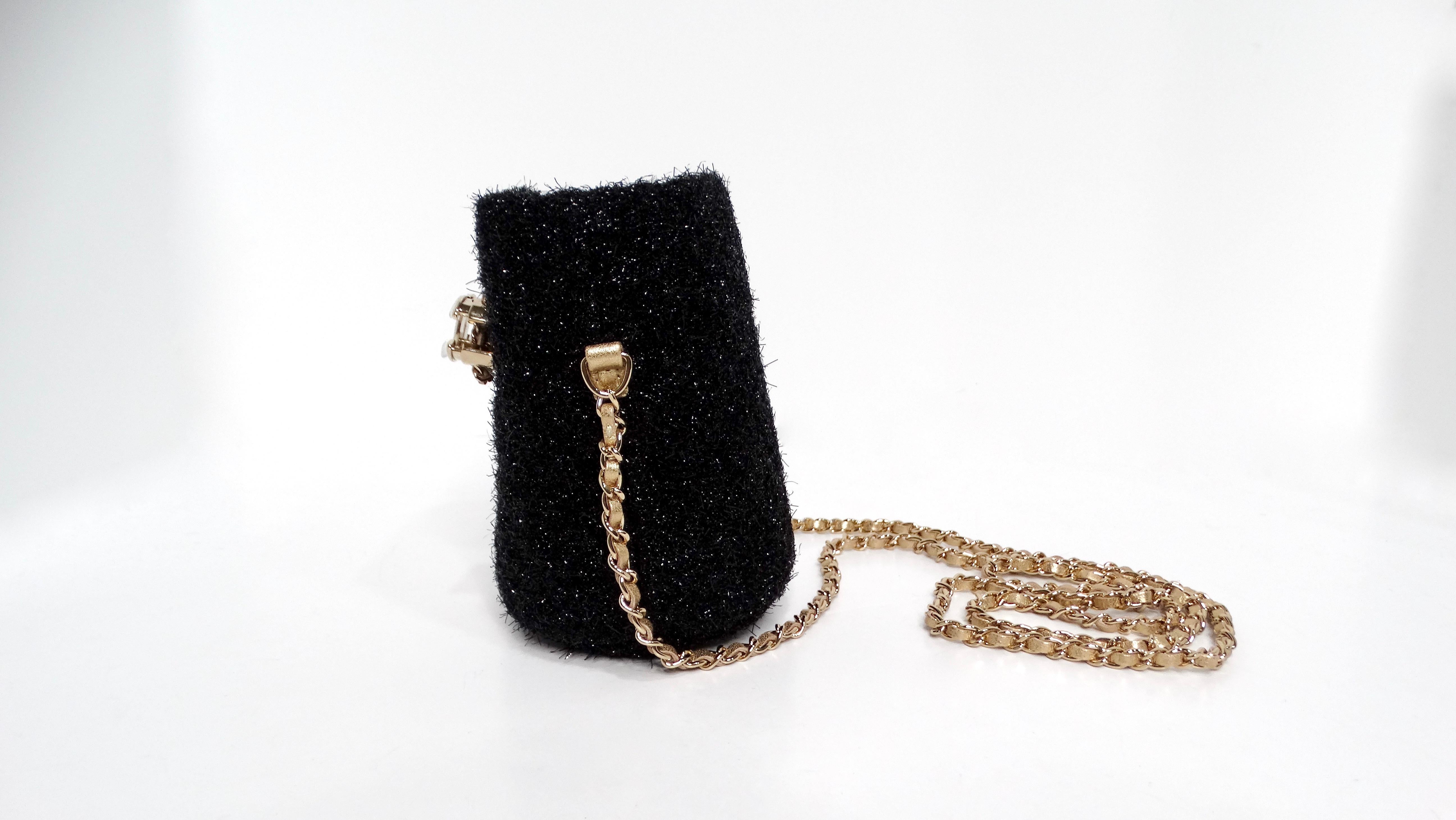 Chanel SS-2022 Haute Couture Black Lurex Tweed Mini Bucket Crossbody Bag In Good Condition For Sale In Scottsdale, AZ