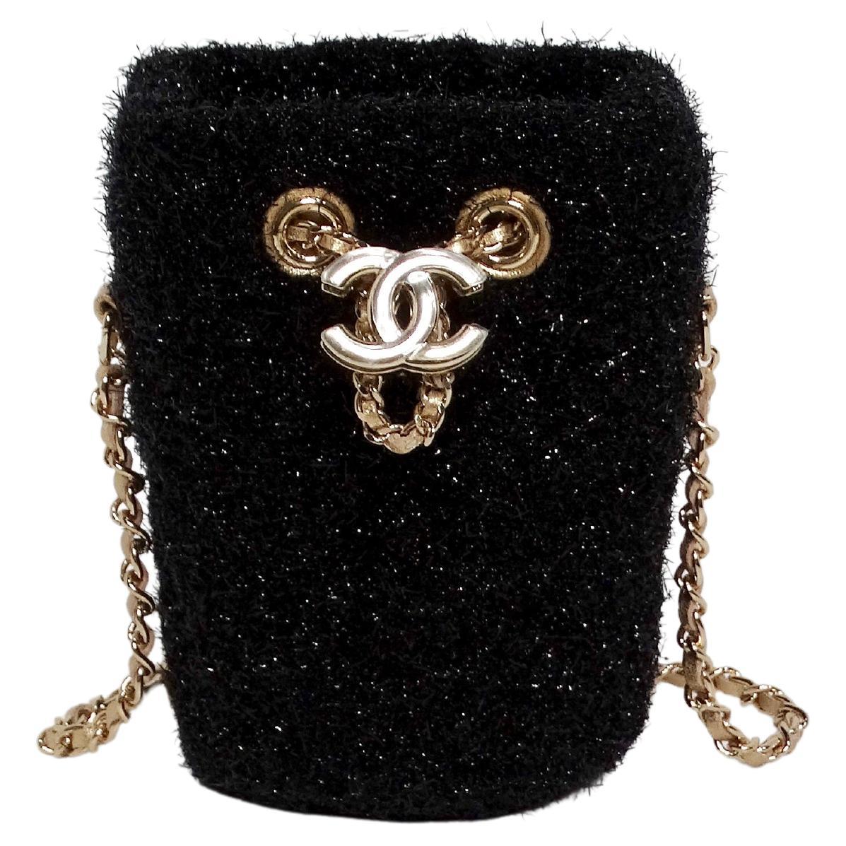 Chanel SS-2022 Haute Couture Black Lurex Tweed Mini Bucket Crossbody Bag For Sale