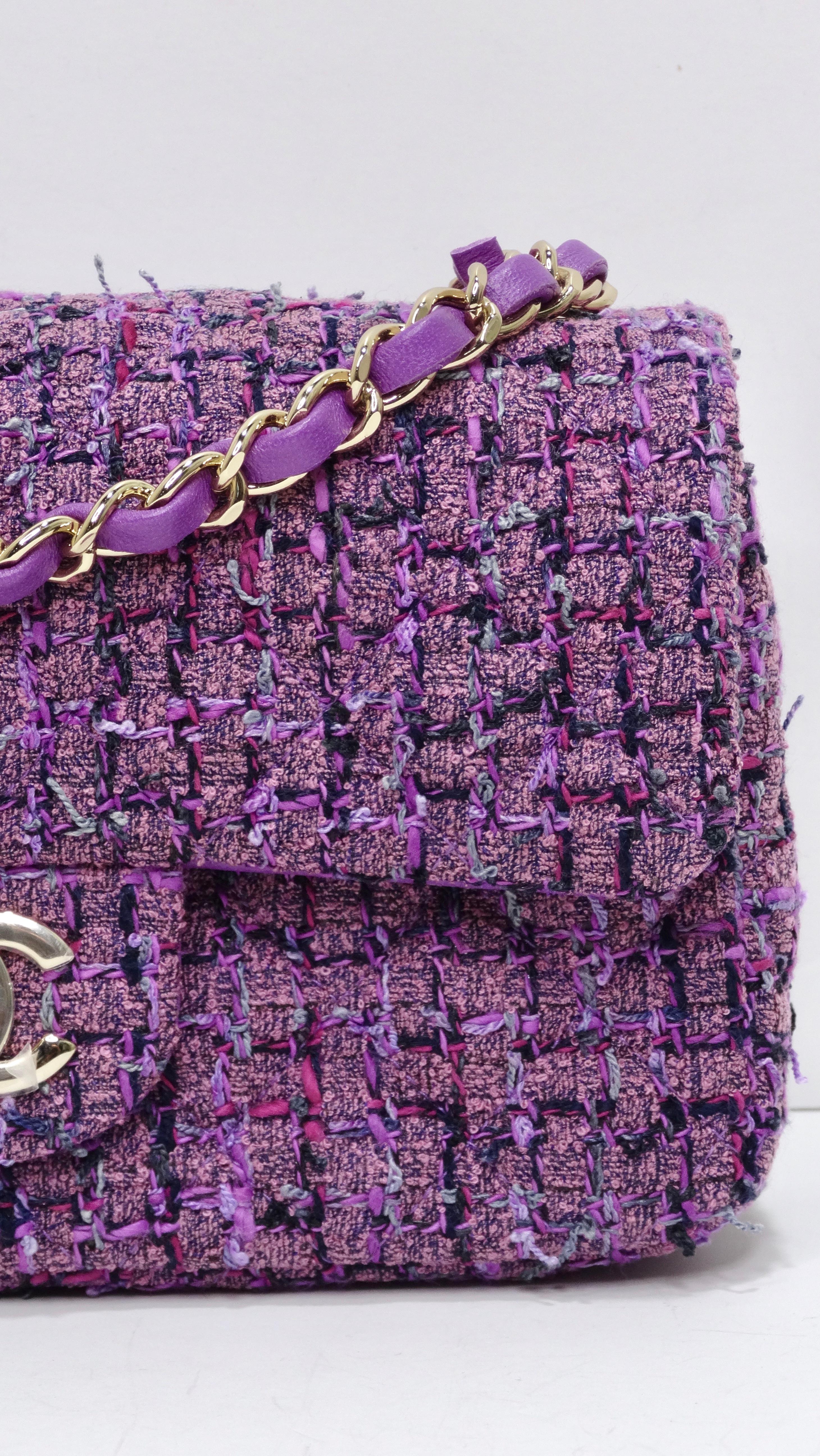 Elevate your handbag selection with this PURPLE Chanel! This highly detailed bag is like eye candy. This bag is brand new with tags from the Spring and Summer 2022 Collection by Virginie Viard. The purple tweed has a beautifully vibrant but soft