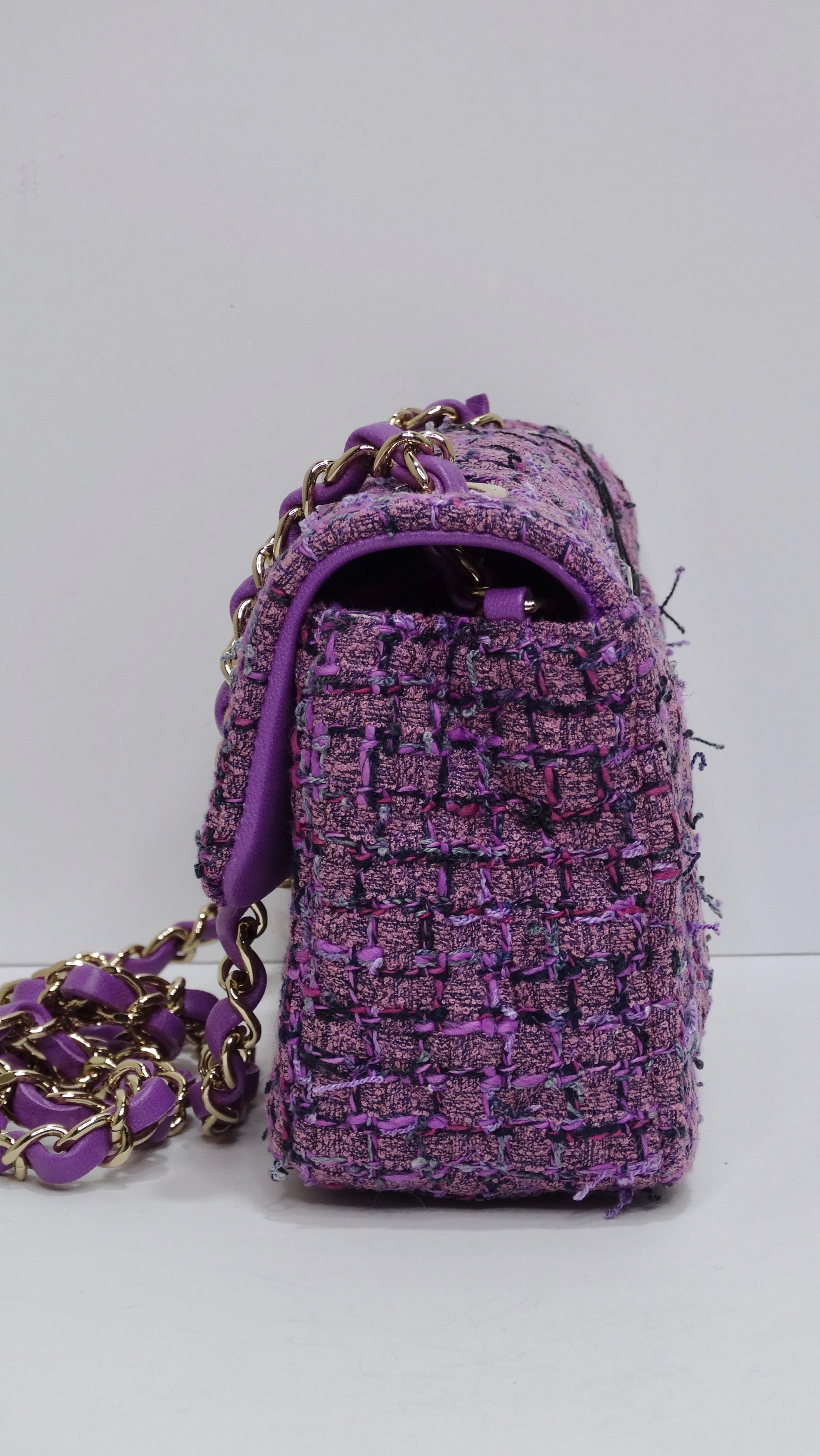 CHANEL SS 2022 Mini Purple Tweed Flap Bag In New Condition In Scottsdale, AZ