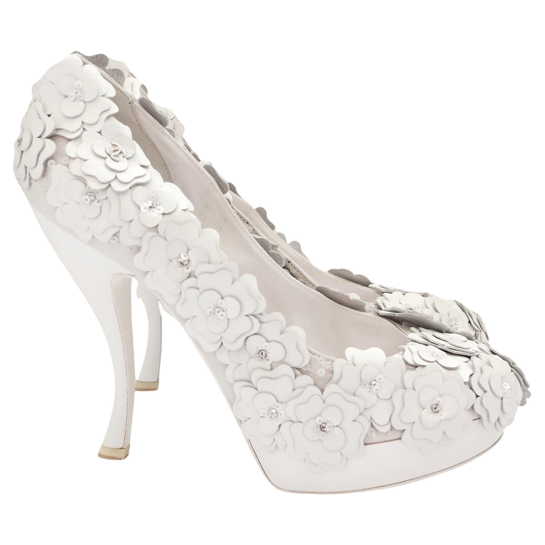 Chanel SS10 3D Camellia Embellished Heels For Sale