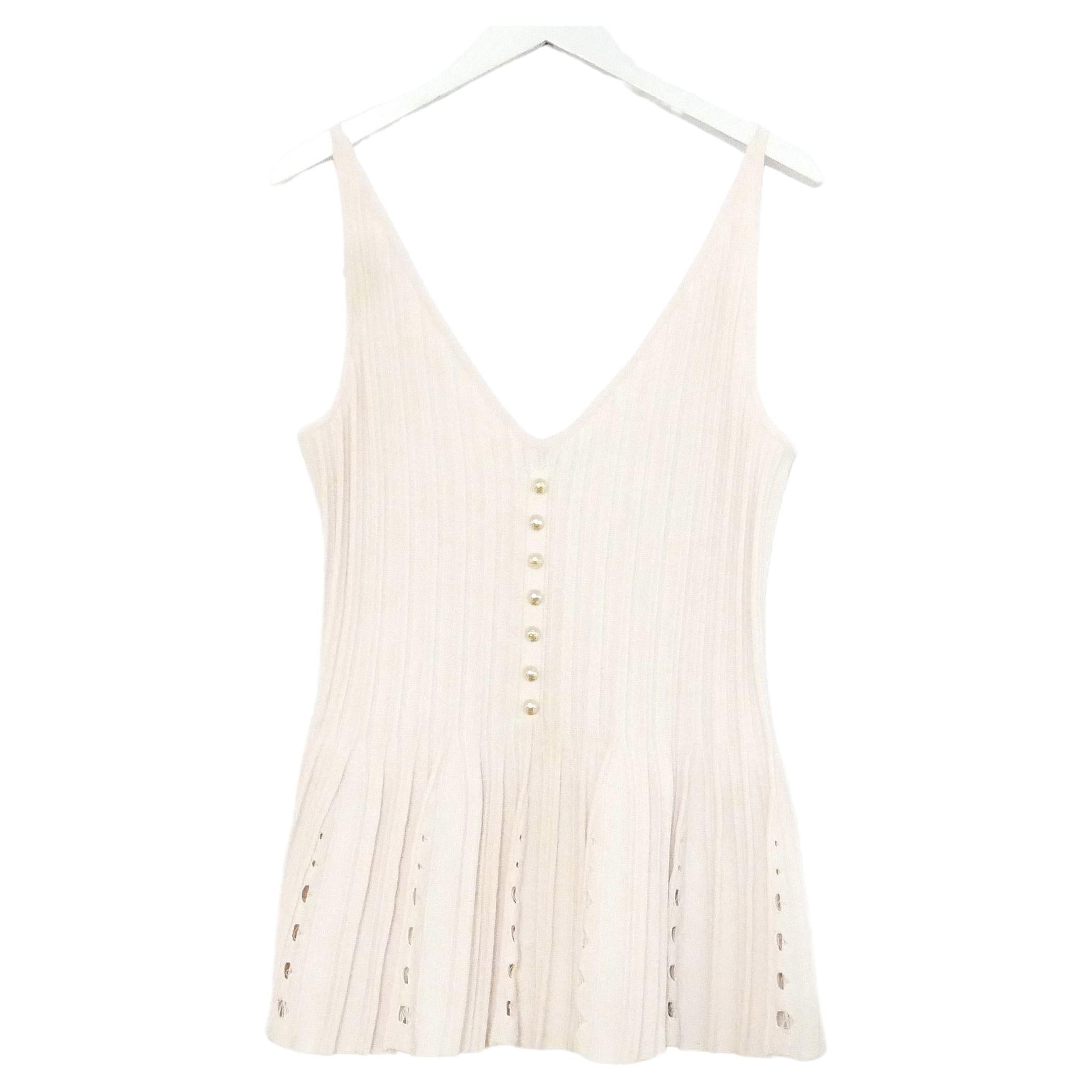 Chanel SS12 Pale Pink Accordion Knit Pearl Button Flared Top  For Sale
