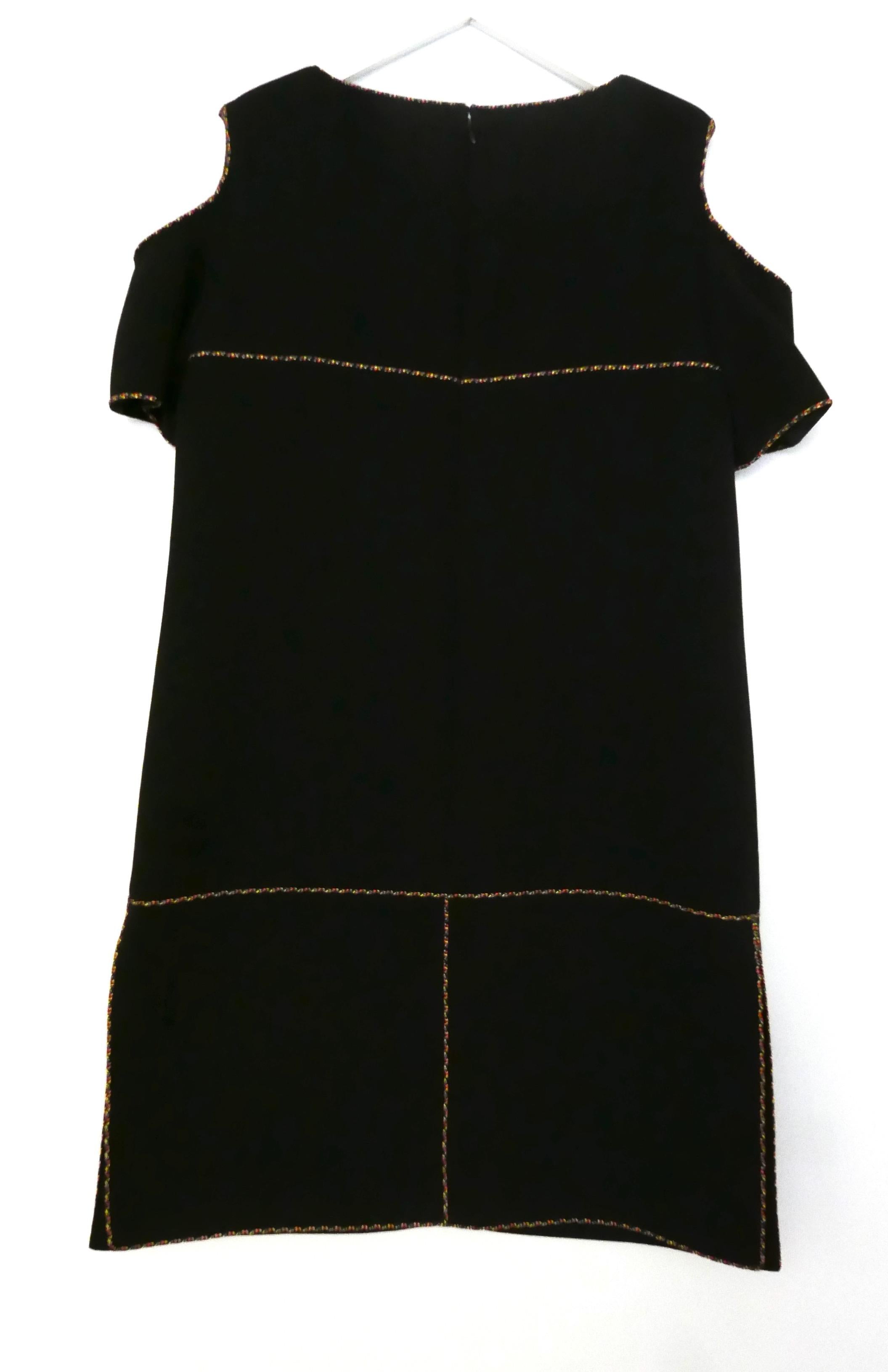 Chanel SS14 Tweed Rope Trim Black Cold Shoulder Shift Dress For Sale 3