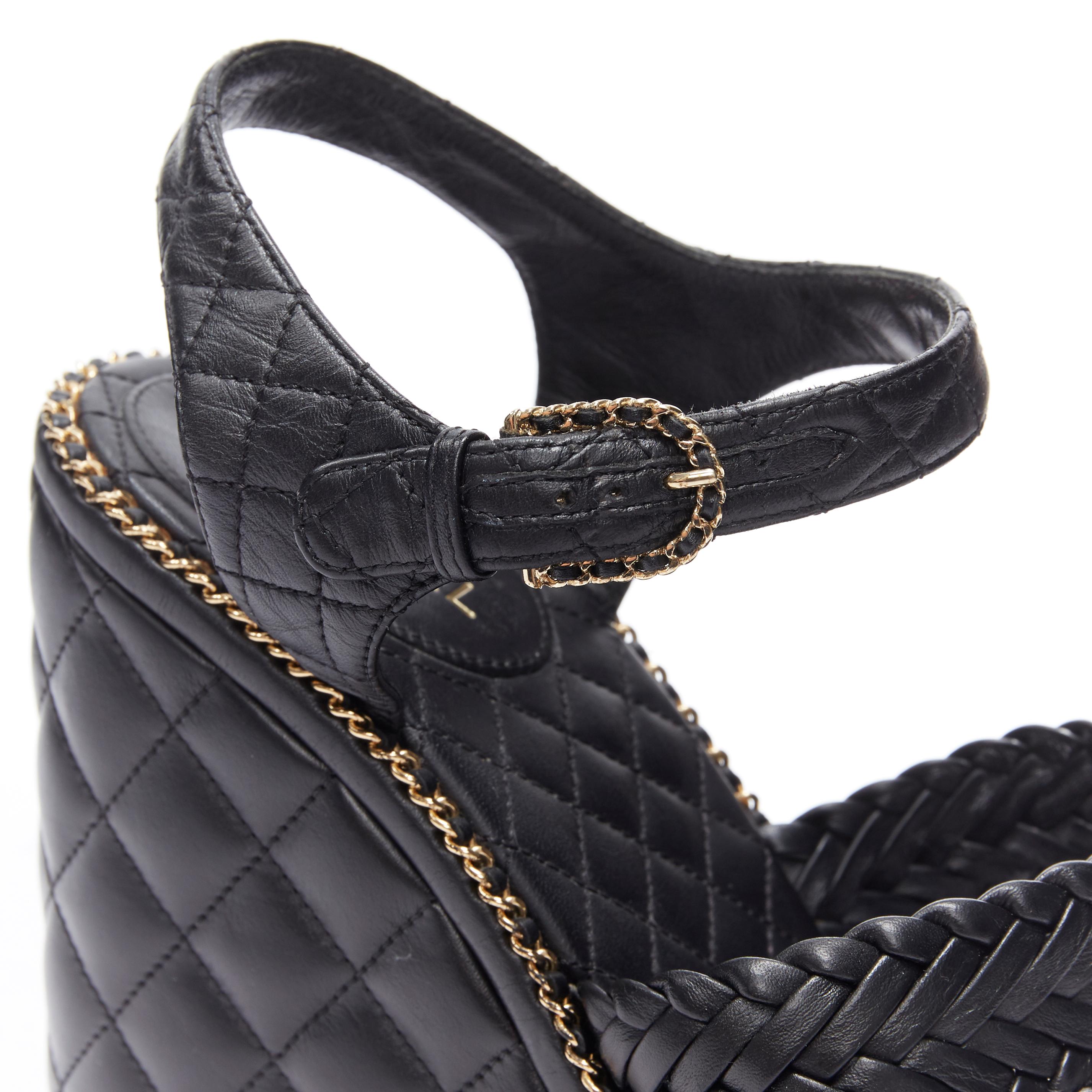 CHANEL SS15 black braided leather 2.55 chain diamond quilted wedge sandal EU39 2